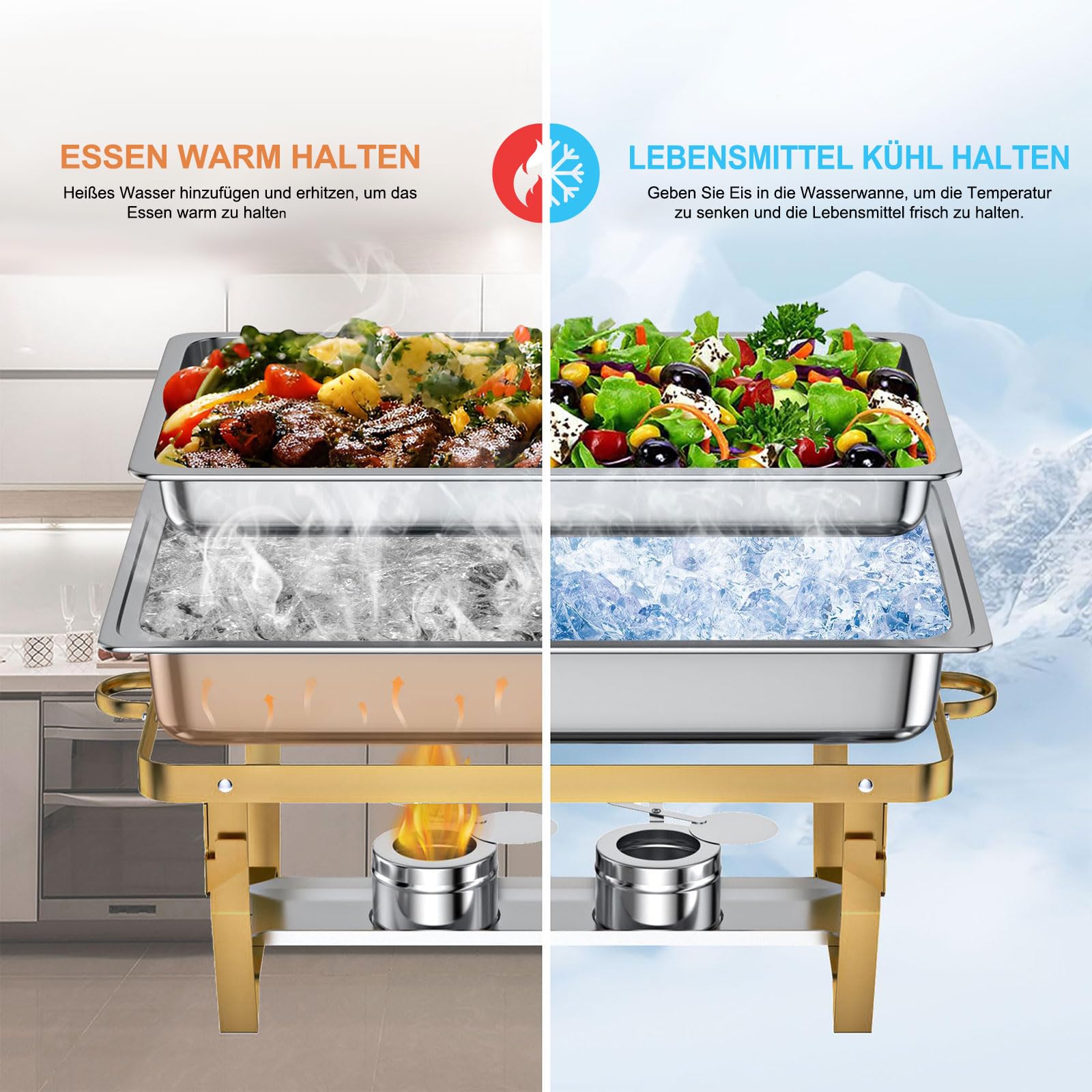 Set scalda buffet in acciaio inox, 2 l + 9 l, con effetto oro, 2 in 1, per catering ed eventi, pieghevole, antiruggine, con controllo della temperatura e supporto del combustibile