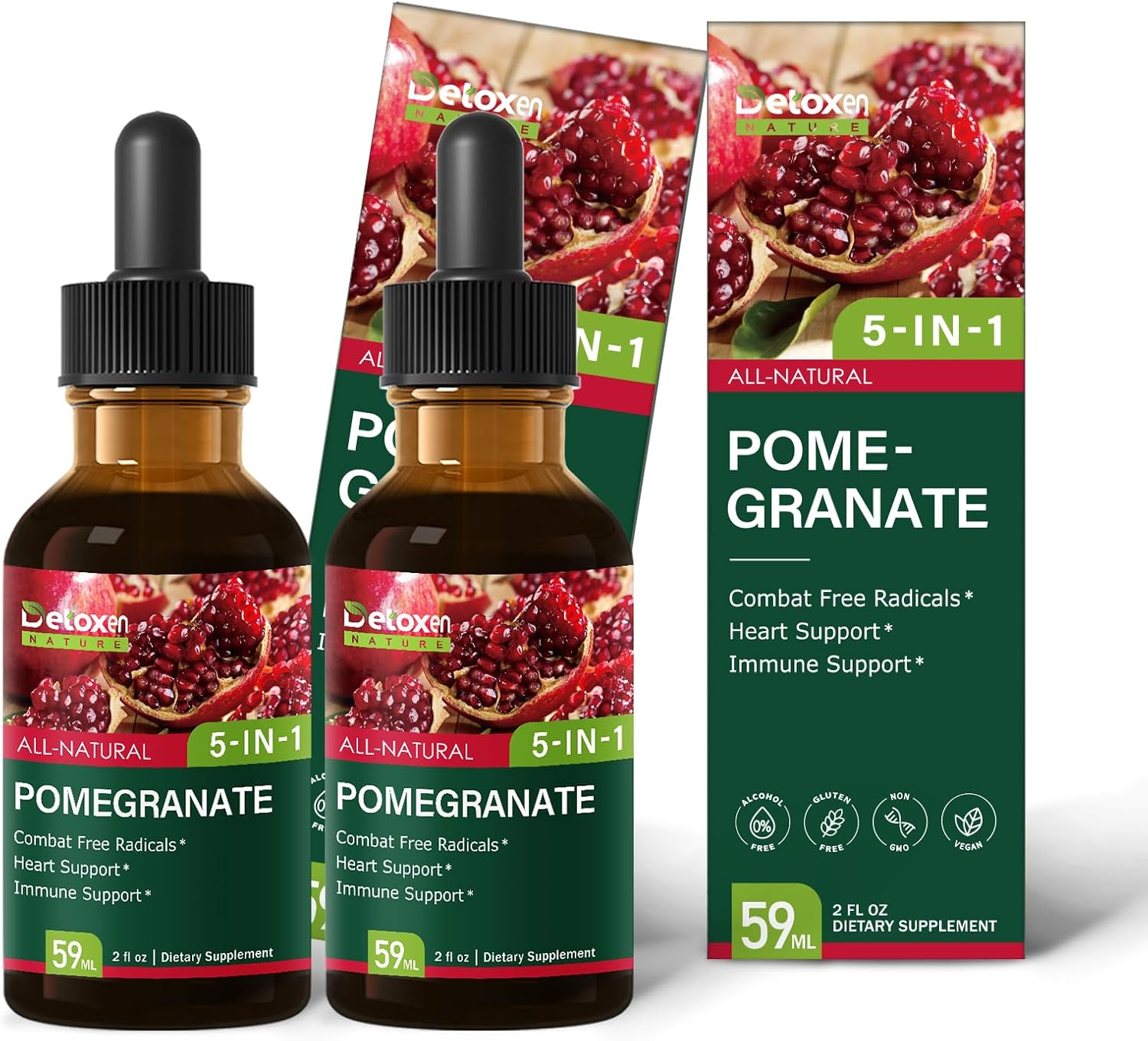 Pomegranate Extract Supplement Drops for Heart and Immune Support, 5-in-1 Fast Absorbing Herbal Supplements with Red Sage Coenzyme Q10 Green Tea. 4oz