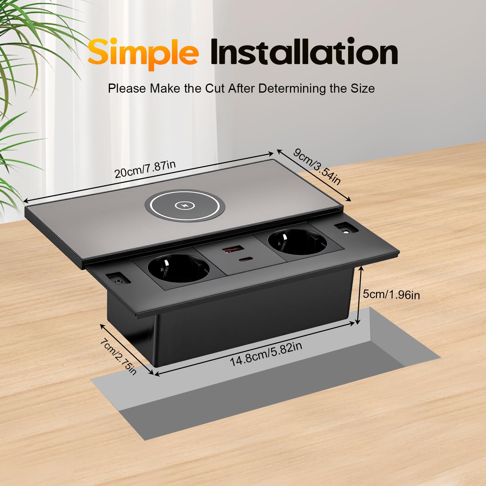 Base de enchufe de aluminio empotrable, con 2 enchufes euro, 1 USB-A, 1 USB-C PD 30W, carga inalámbrica, cable de 1,8 m, enchufe de mesa retráctil para cocina, escritorio y oficina