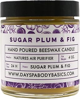 Sugar Plum & Fig Hand-Poured Beeswax Candle - All-Natural, Cotton Braided Wick, Chemical Free, Smokeless, Cleans Air, Non-Toxic, Non-Polluting, Non-Allergenic, Handmade in USA
