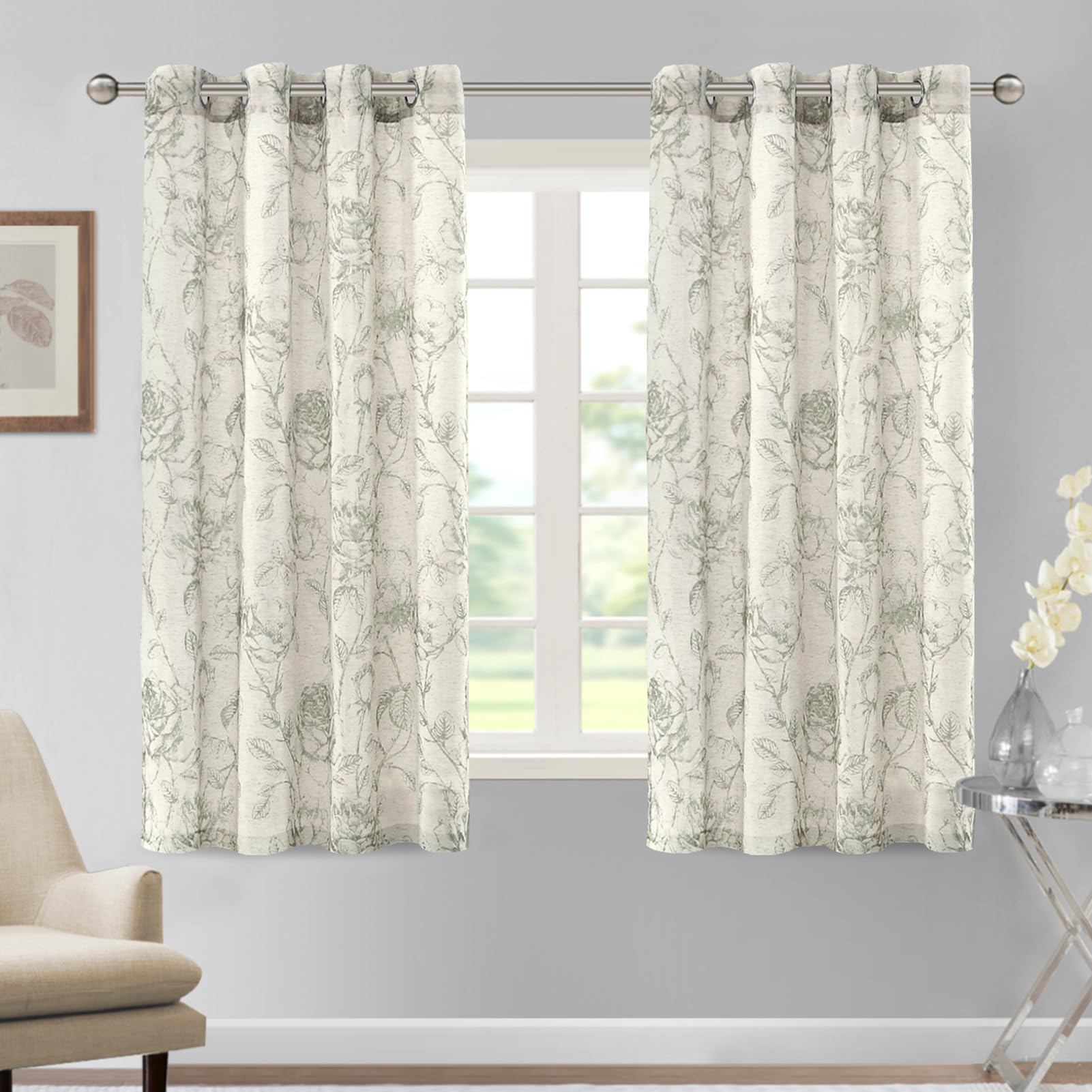 DEZYPZAM Floral Linen Semi Sheer Curtains, Light Filtering Privacy Window Curtains, Semi Sheer Window Curtain Drapes for Living Room/Bedroom (Gray Green,52 x 63 inch)