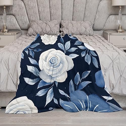 Miniatura 7 de MaSiledy Manta de flores de acuarela azul marino con rosas bohemias, color azul índigo, manta de cama de 70 x 80 pulgadas, manta ligera y mullida