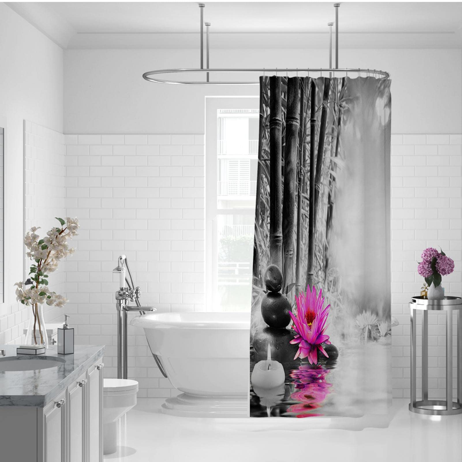 Cortina de Ducha Stone Juego de Cortinas de baño Relax SPA con Ganchos Estampado de bambú y patrón de Reflejo de Loto Impermeable y de Secado rápido 200x200 cm
