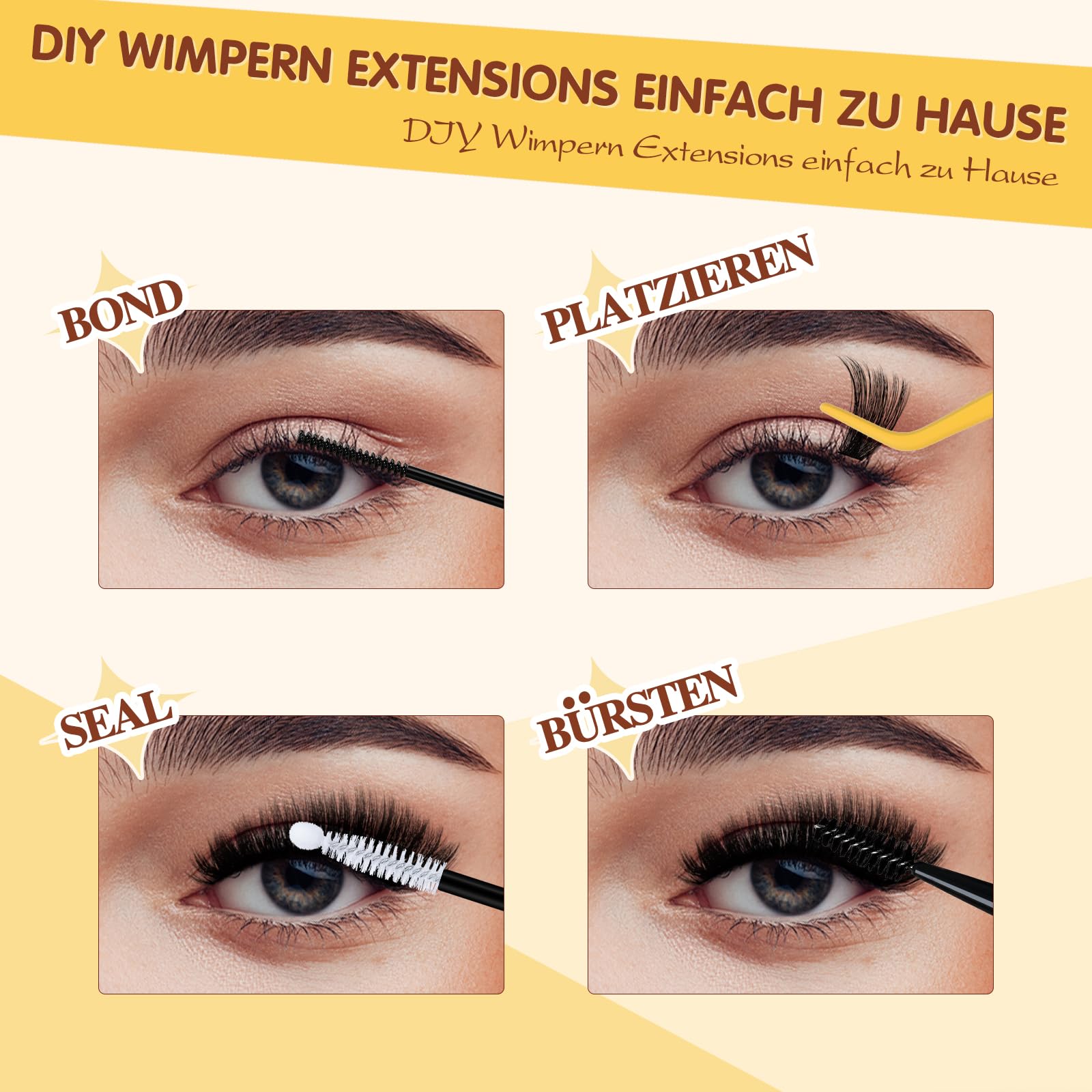 QUEWEL 300 PCS Kit Extension Cils, Extension Cils 10 à 20 mm avec colle à cils et joint, imperméable, Pince Faux Cils et brosse à cils pour une utilisation à la maison (Dense01-KIT)