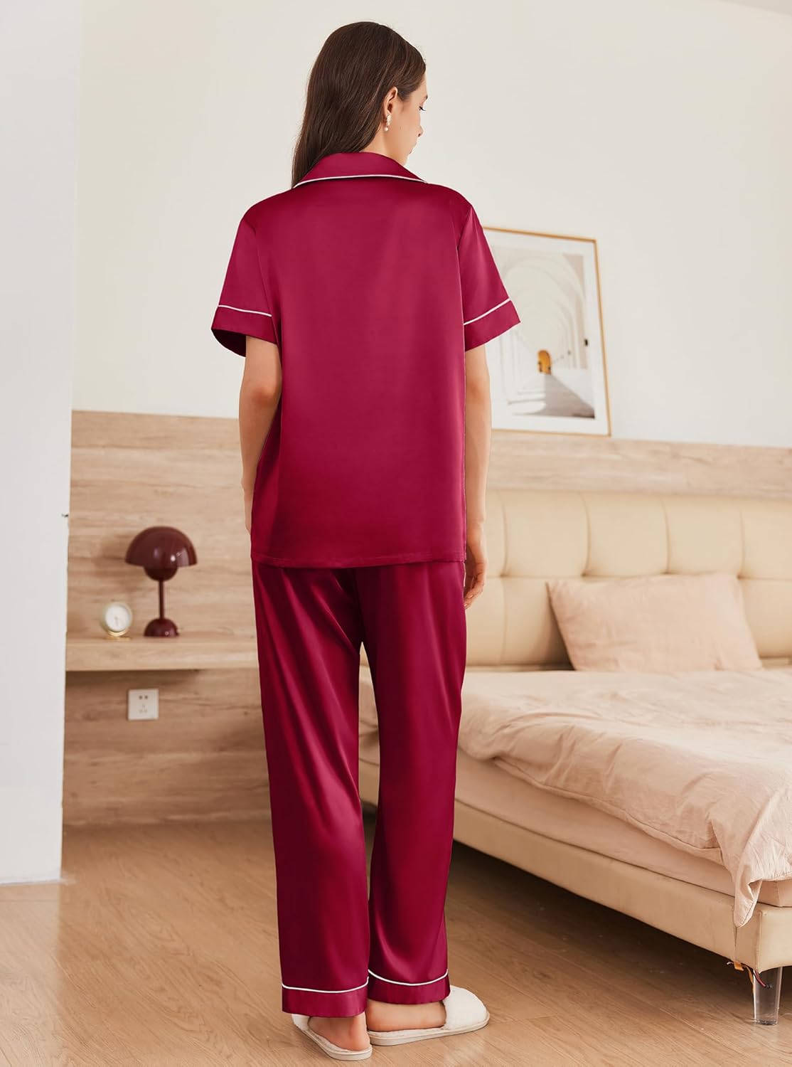 Ekouaer Womens Silk Pajama Sets Silky Short Sleeve Pjs 2 Piece Silk Button Down Pajamas Soft Satin Pj Pants Set - Image 5