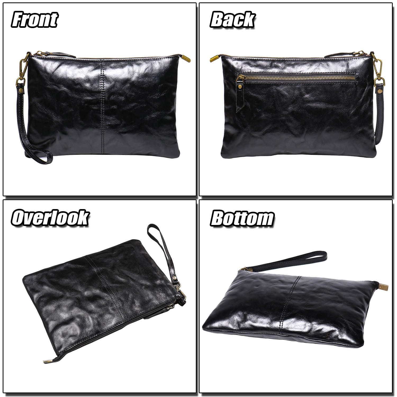 Pochette da Polso in Pelle Pieno Fiore per Uomo, Clutch Classica con Cinturino Staccabile, Borse Organizer in Vera Pelle da Uomo, Affari e Viaggi