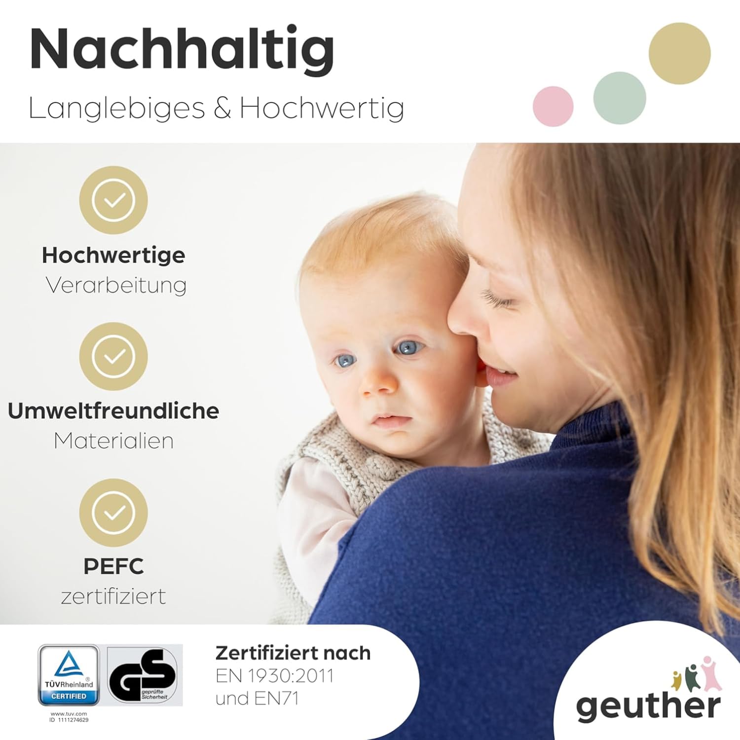 Geuther Treppenschutzgitter Oris | Türschutzgitter zum Anschrauben inkl. 2X Klemmen für Treppengeländer, Breite 95-135 cm | Stabiles Türgitter mit Schwenktür | Kindergitter Holz, Naturbelassen