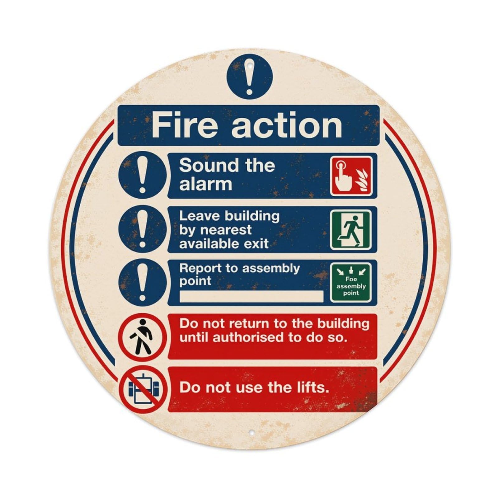 Fire Action Sign With Instructions And Symbols Round Vintage Tin Sign,Retro Wall Art,Metal Poster for Home, Bar, Garage, Cafe, Rustic Indoor & Outdoor Decor, 8x8 Inches