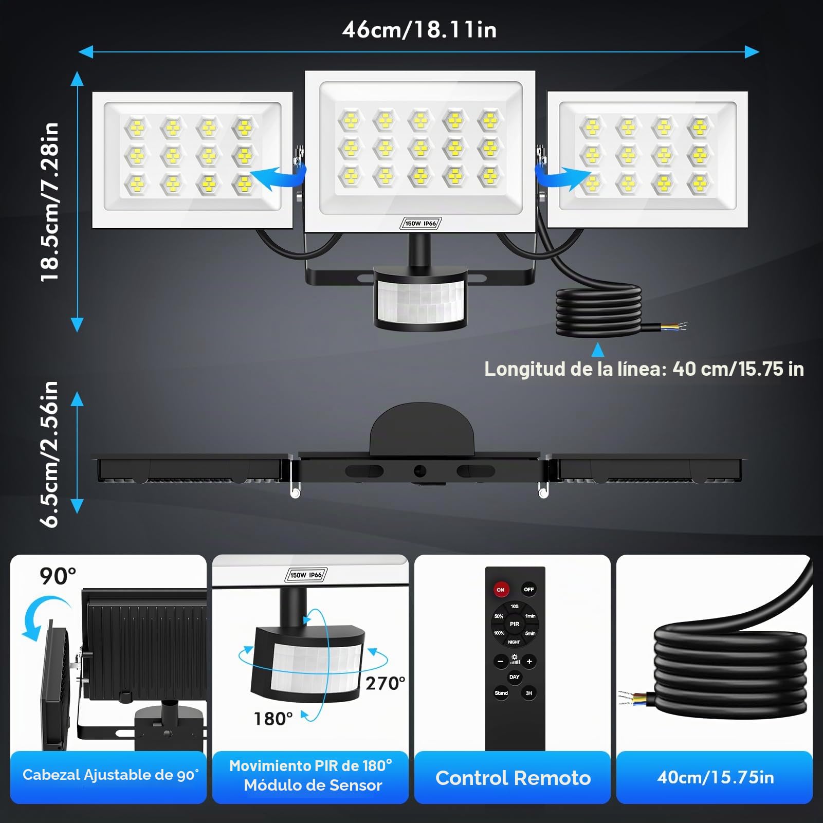 Foco LED con Sensor de Movimiento, 150W 15000LM Super Brillante Focos Exterior, 3 Cabezales de Lámpara, IP66 Impermeable, Rotación Horizontal de 90°, 6500K Blanco Frío para Casa Garaje Patio