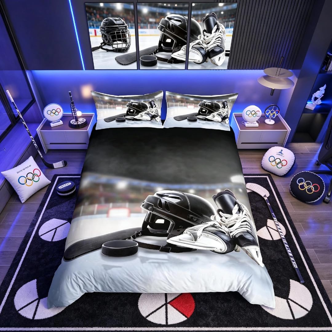 Homemissing Parure de lit 3 pièces avec housse de couette et palet de hockey sur glace pour enfants, garçons, adolescents, hockey sur glace, taille double, fermeture éclair