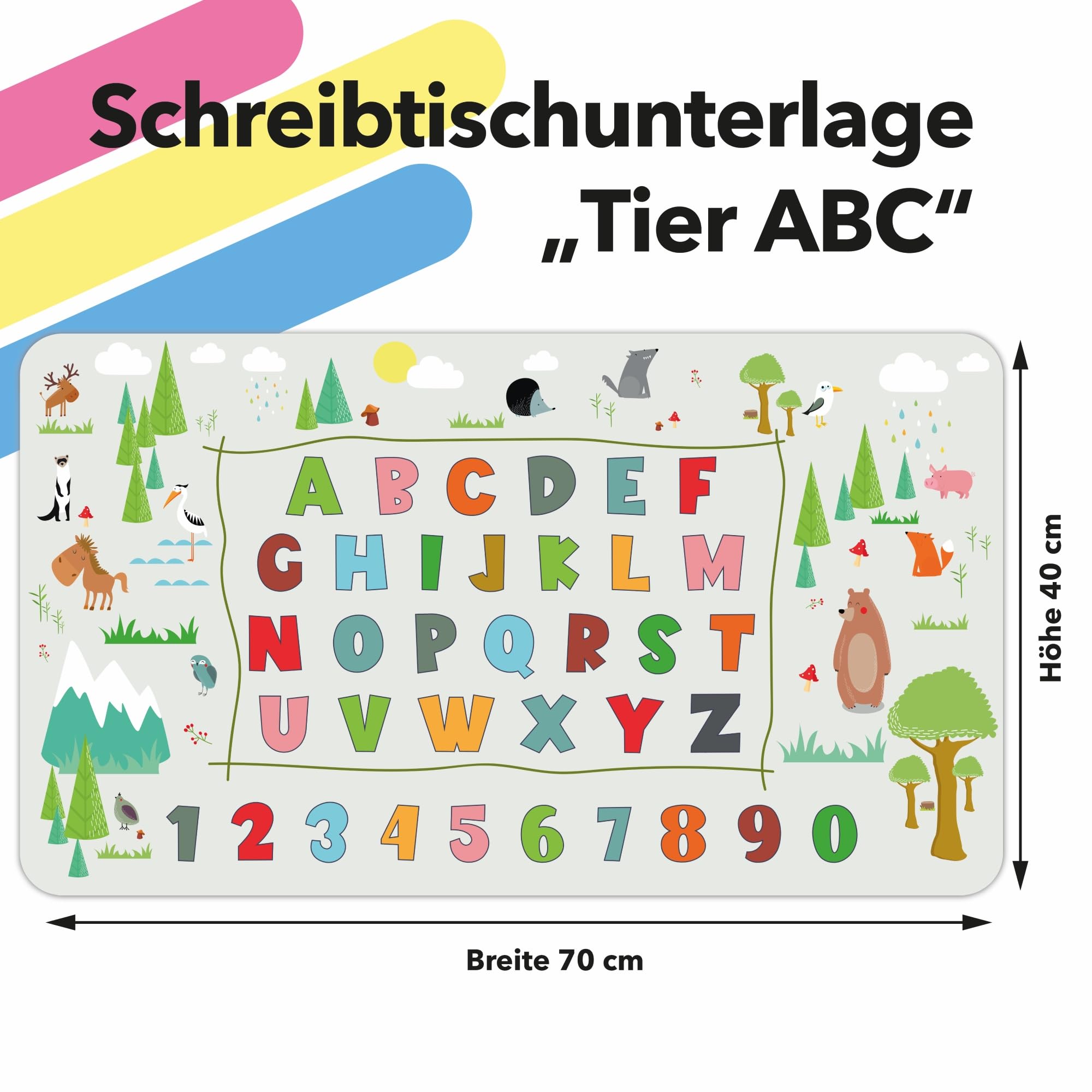 Lineo® Alfombrilla de escritorio para niños – Protector de mesa resistente al agua y antideslizante, superficie educativa para escribir, dibujar y estudiar (Abecedario de animales 70x40 cm)