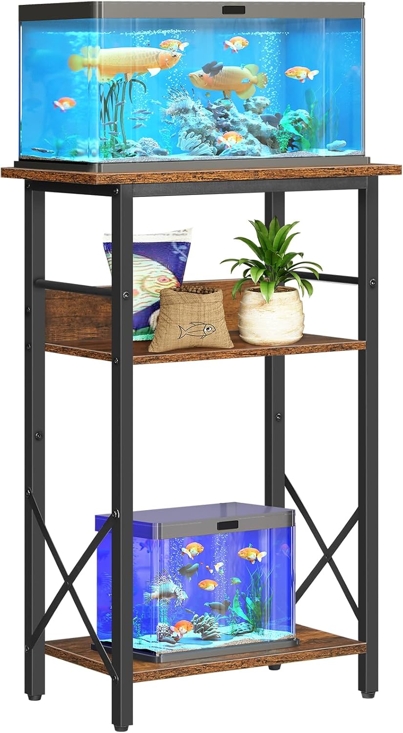 HOOBRO 10 Gallon Aquarium Stand, 3-Tier Fish Tank Stand with Storage, Reptile Turtle Tank Stand with Metal Frame, 20.5" L x 11" W , Rustic Brown BF52FT01