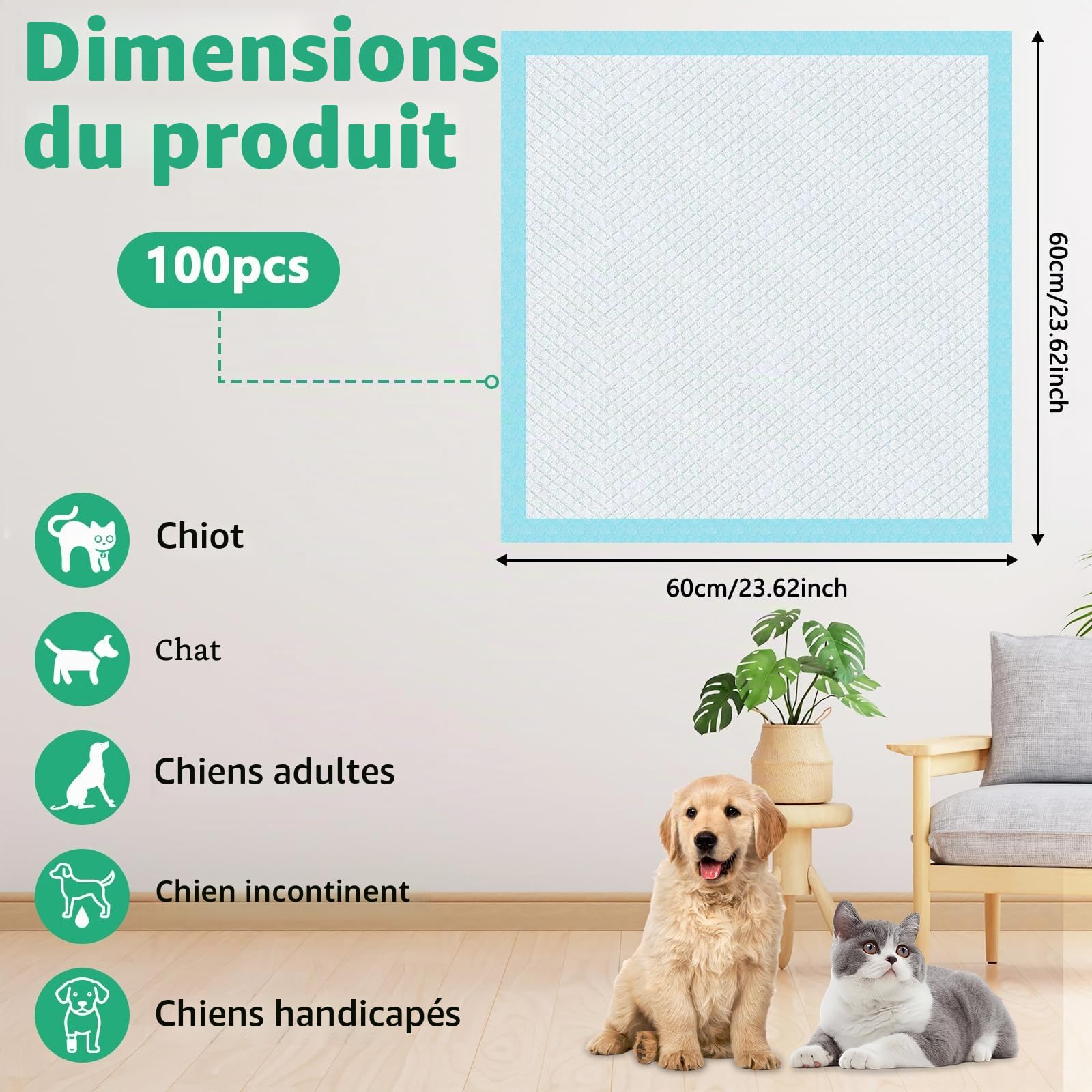 100 PCS Alaise pour Chien, 60×60 cm Tapis absorbant Chiot et Chat, Tapis de Propreté Animaux de Compagnie avec 6 Couches, il Est Capable de Sécher Rapidement et Empêche les Infiltrations D'eau