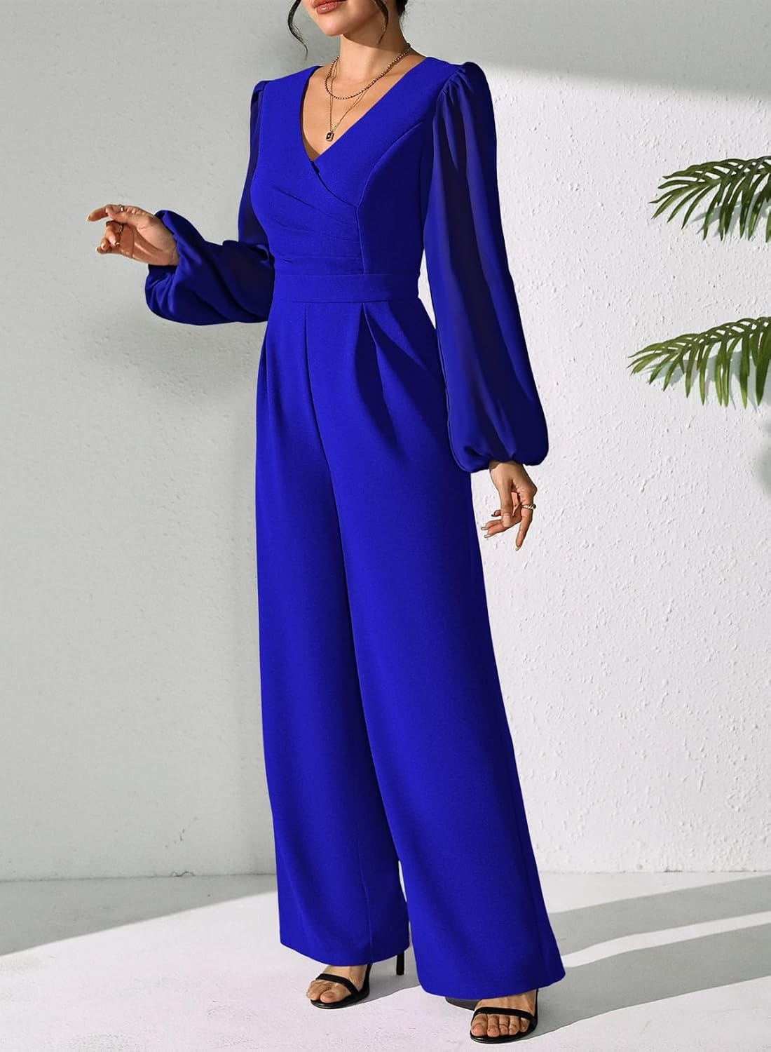 Pink Queen Jumpsuits for Women Dressy Patchwork Chiffon Sleeve V Neck Wide Leg Romper Holiday Party Outfits - Image 8