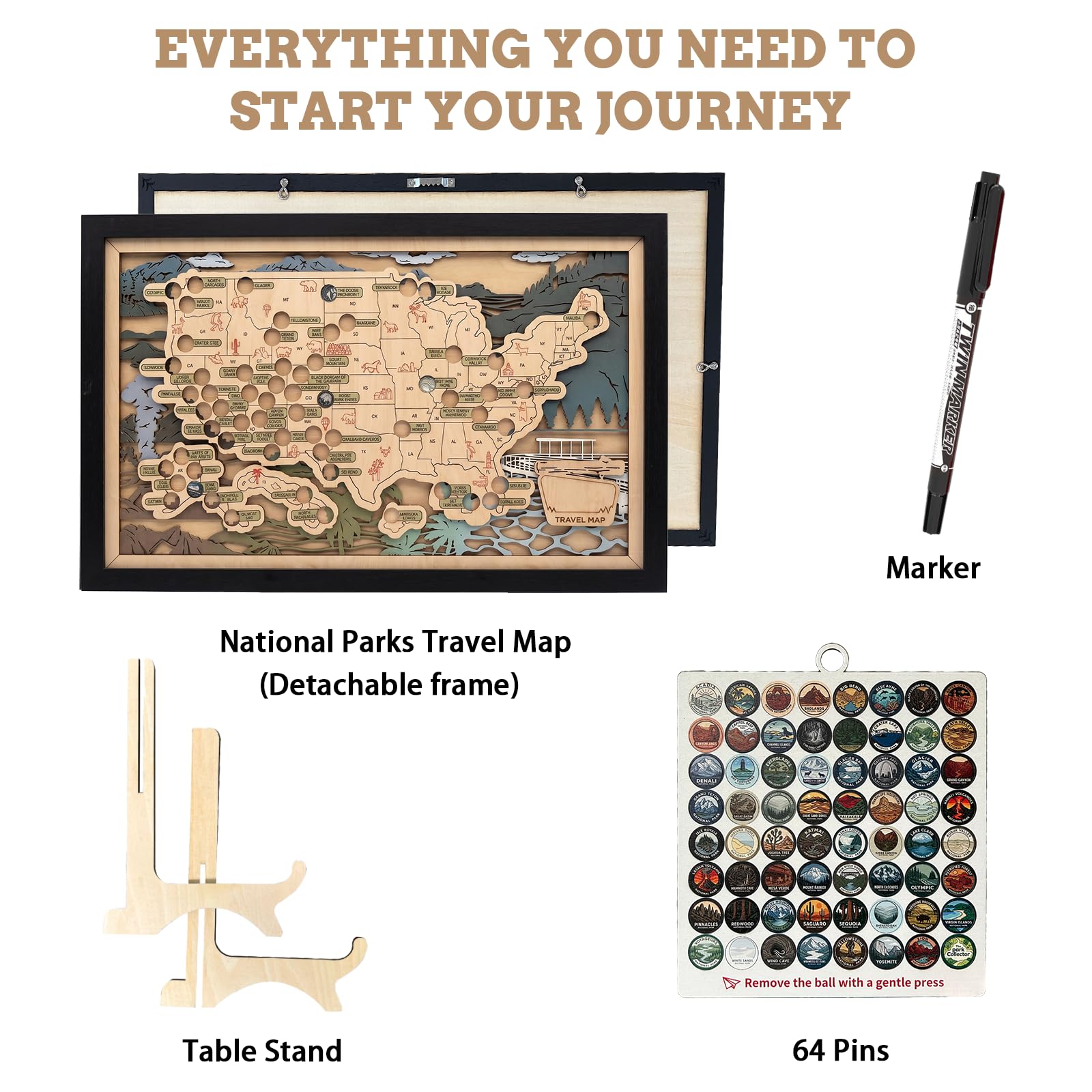 National Parks Map Adventure Tracker – mappe di viaggio in legno personalizzate del parco nazionale degli Stati Uniti, tracker da viaggio con puntina, regalo per gli amanti del parco, coppie e