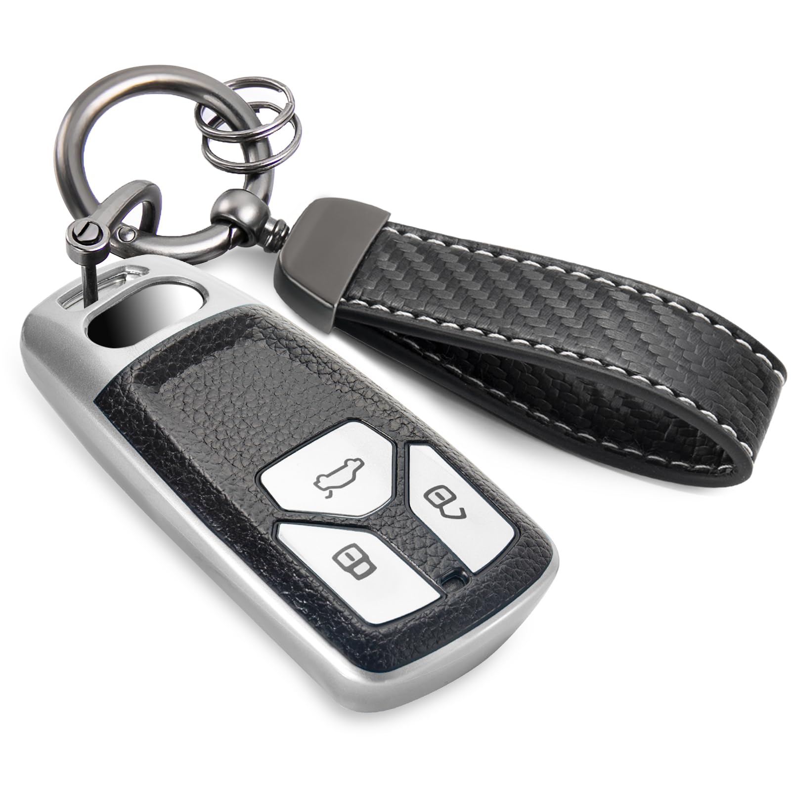 CTRINEWS for Audi Key Fob Cover with Carbon Fiber Style Belt Keychain, Upgraded Soft TPU Surface Grain Key Case for A4 A5 A6 Q3 Q5 Q7 TT TTS S4 RS4 R8 Key (Silver, A)