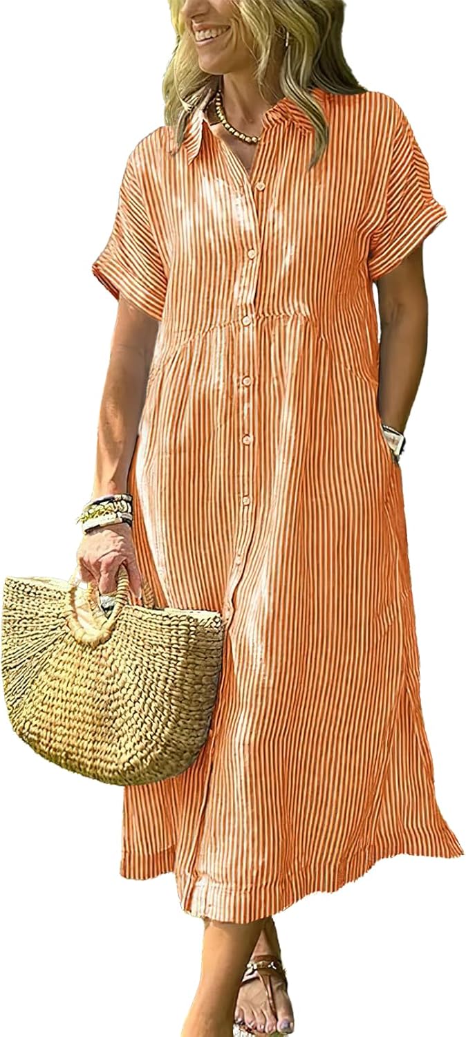 ebossy Women's Boho Striped Shirt Dress Button Up Side Slit Loose Mid Long Cotton Dress with Pockets