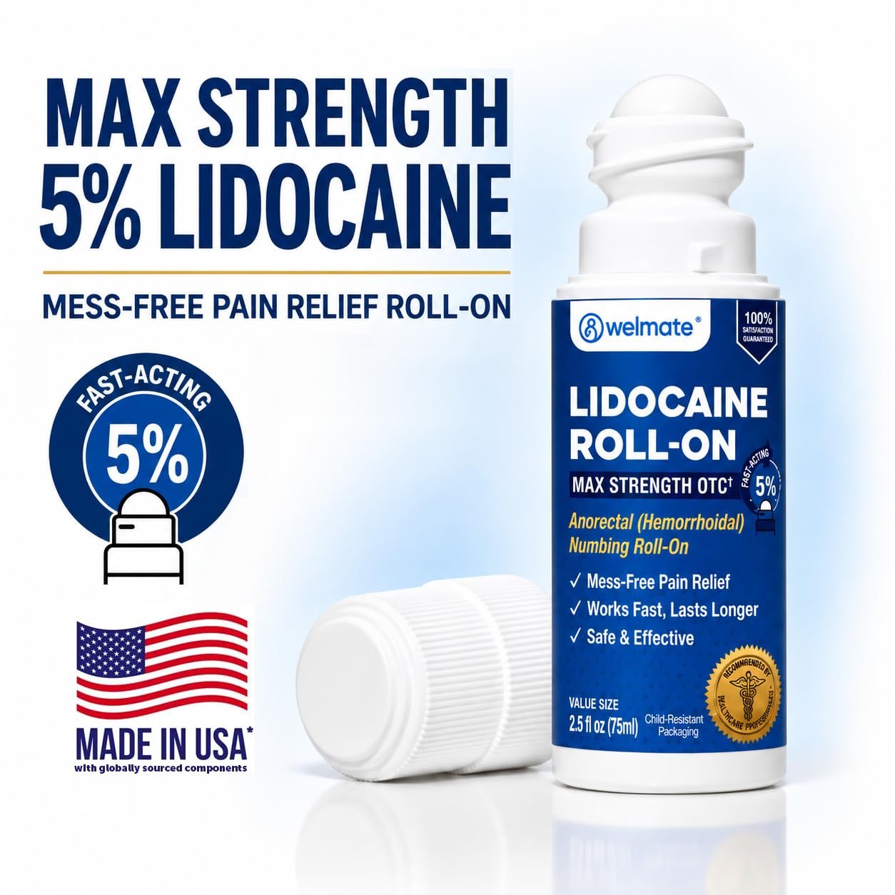 WELMATE 5% Lidocaine Roll-On Maximum Strength Pain Relief, 2.5 oz — Amazon image 4