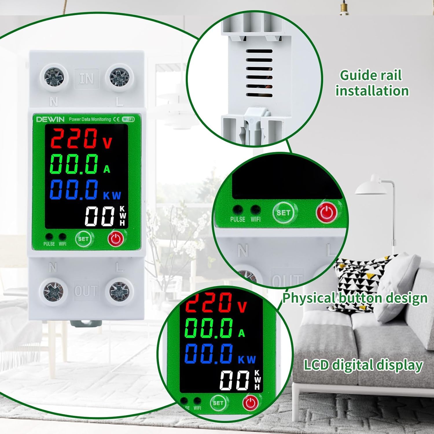 DEWIN Medidor Consumo Electrico WiFi,2P 63A 230VAC Contador Electrico Medidor de Energía Inteligente WiFi con Protección contra Sobretensión, Sobrecorriente, Fugas y Sobretemperatura