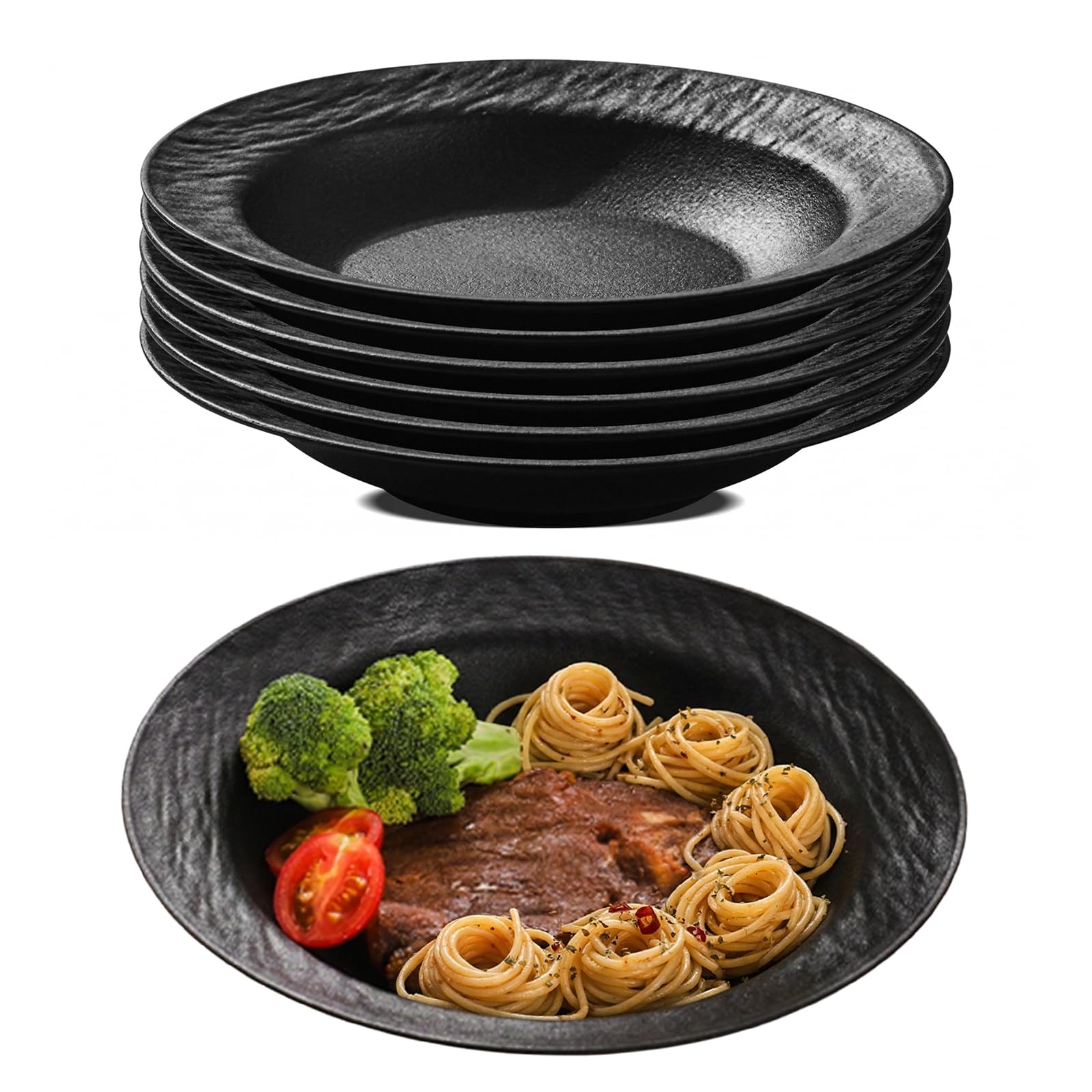 SUNOYA Set di 6 piatti per pasta, piatti fondi, in plastica, grandi e profondi, riutilizzabili, bianchi rotondi, piatti fondi per camper, feste, picnic, campeggio (nero)