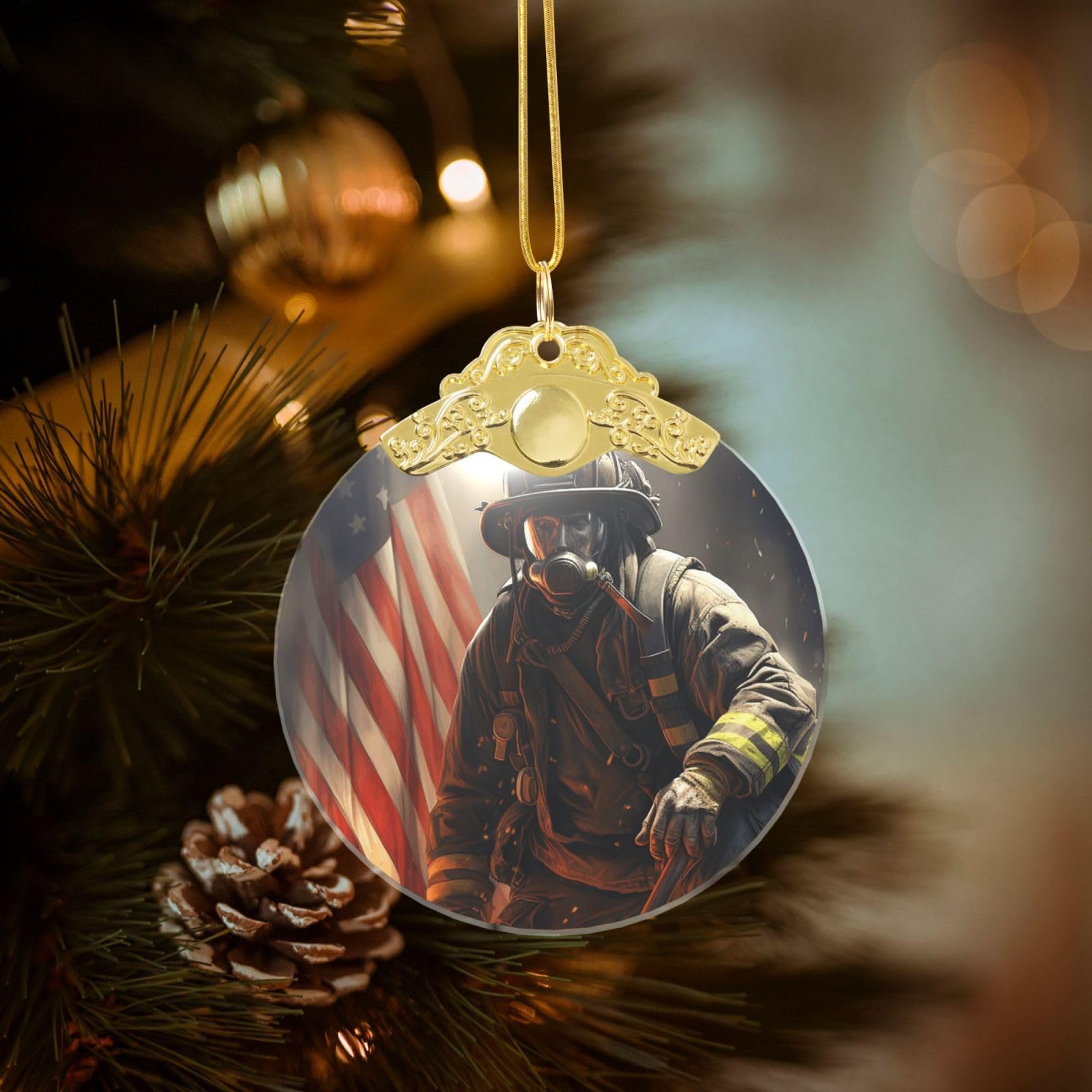Crystal Christmas Ornaments for Christmas Tree Decoration Hanging Patriotic Firefighter Ornament with Gold Ribbon Crafts Round Pendant for Keepsake Gifts Glass Xmas Decor Party Supplies