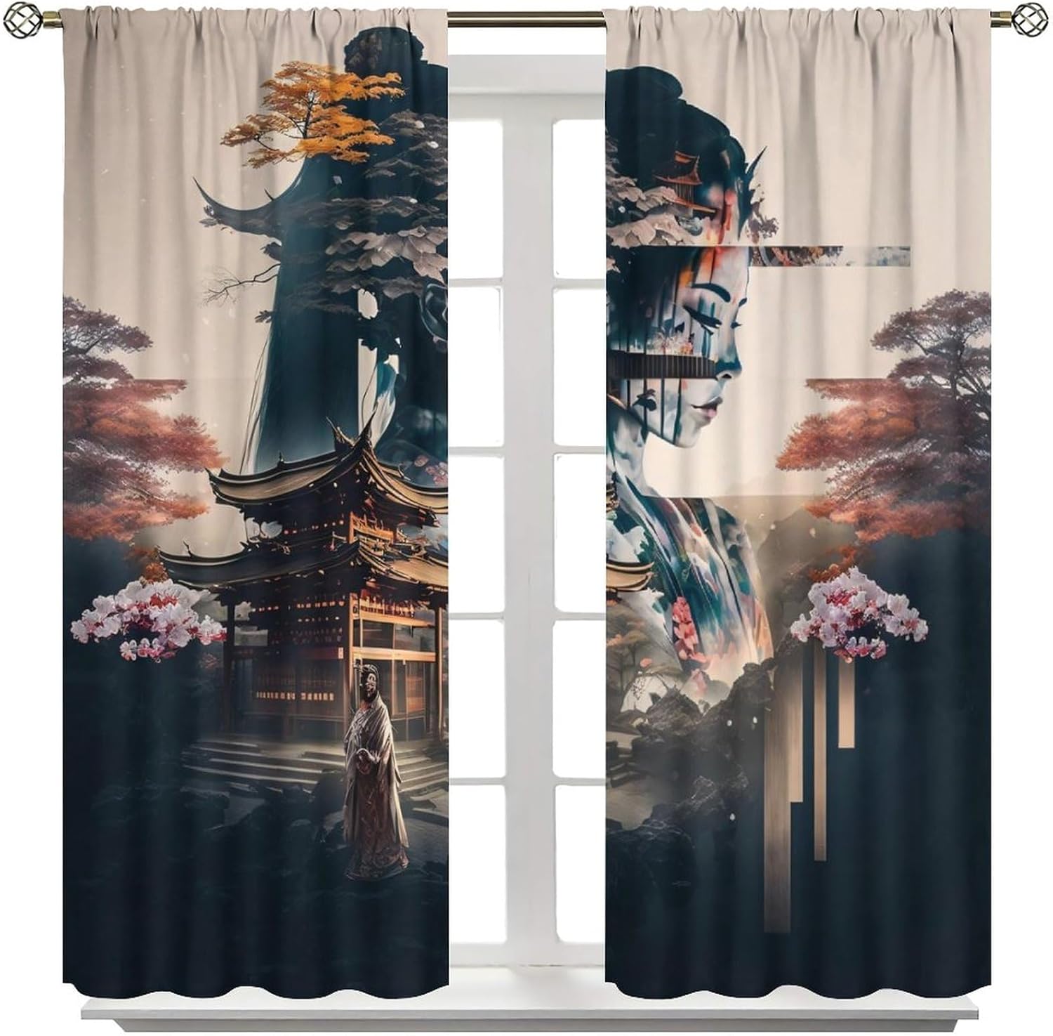 Japanese Blackout Curtains Retro and Beautiful Cherry Blossoms Japanese Geisha Girls Flower Shrine Patterns Printed Curtains Bedroom Living Room Decorative Curtains W42 * L45 Inches