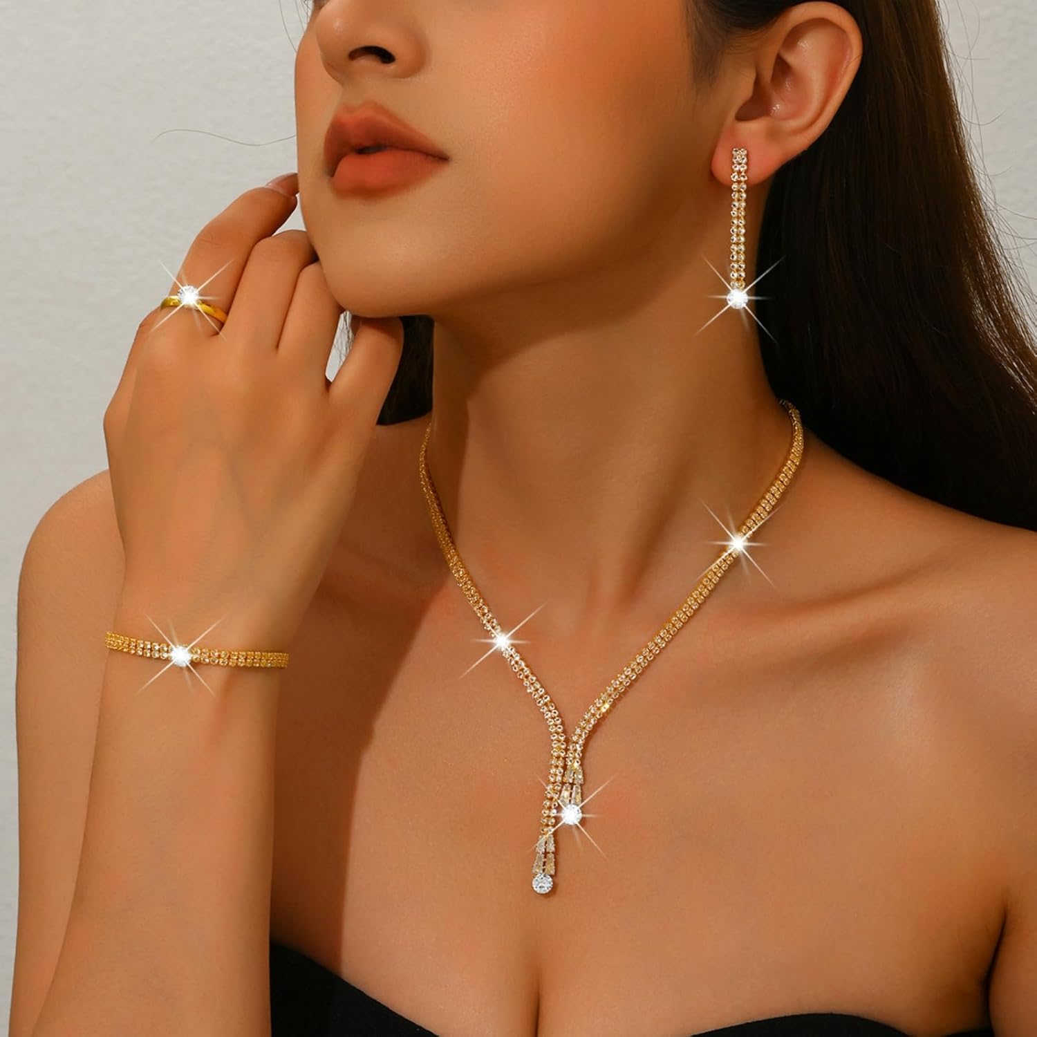 Sparkling Rhinestone Jewelry Set for Women Elegant Crystal Zircon Necklace Ring Earrings Bracelet Bridal Wedding Prom Party Fashion Jewelry - Image 5