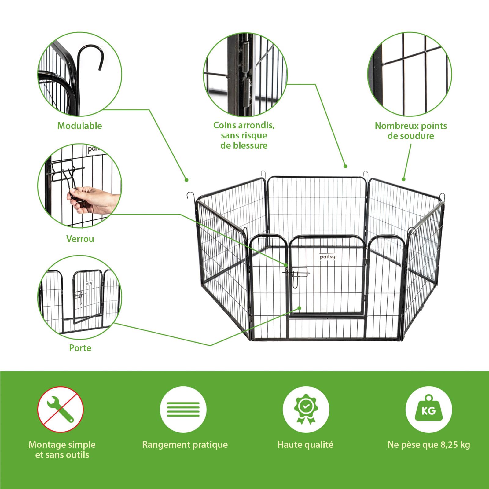 Parc Enclos pour Chien Chiot et Lapin GARDEO80x60x6, 6 Panneaux 80X60cm, 1,28M2, modulable, intérieur et extérieur, Pliable, Garantie 5 Ans