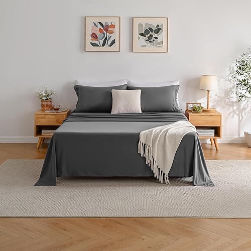 Miniatura 3 de Juego de sábanas de microfibra refrescante de 4 piezas, color gris, tamaño King, sábanas de bolsillo profundo y fundas de almohada