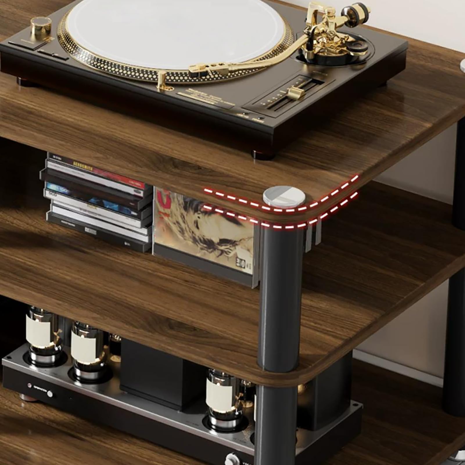 Soporte multimedia AV, torre de rack de audio de 2 niveles para cine en casa, gabinete de componentes estéreo, acabado natural, diseño compacto para almacenamiento y organización de medios