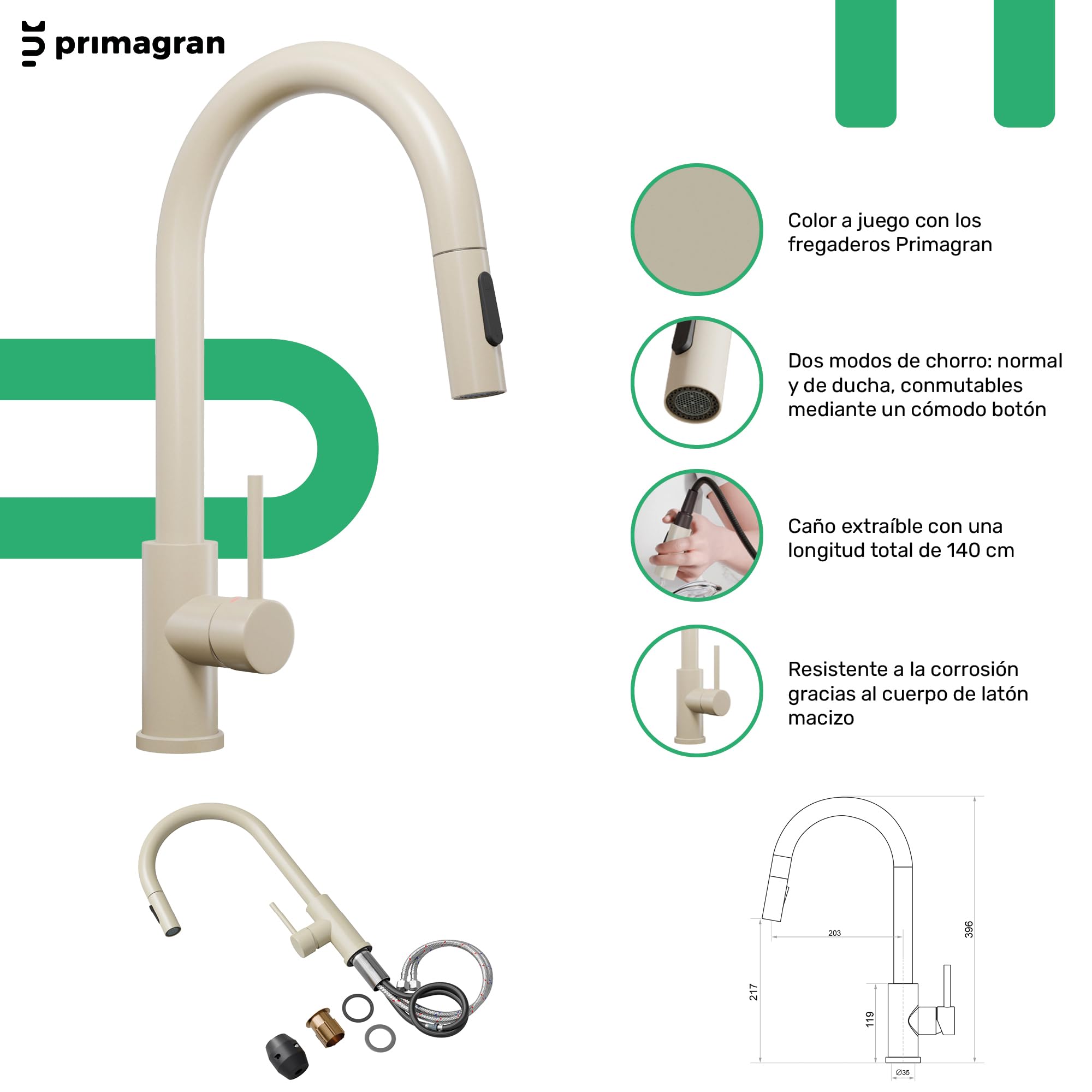 PRIMAGRAN Fregadero Granito Todo Beige 58x50cm, Cocina 1 Seno + Grifo 40x20cm + Sifón, Sobre Encimera al Mueble 60cm - Riga S330