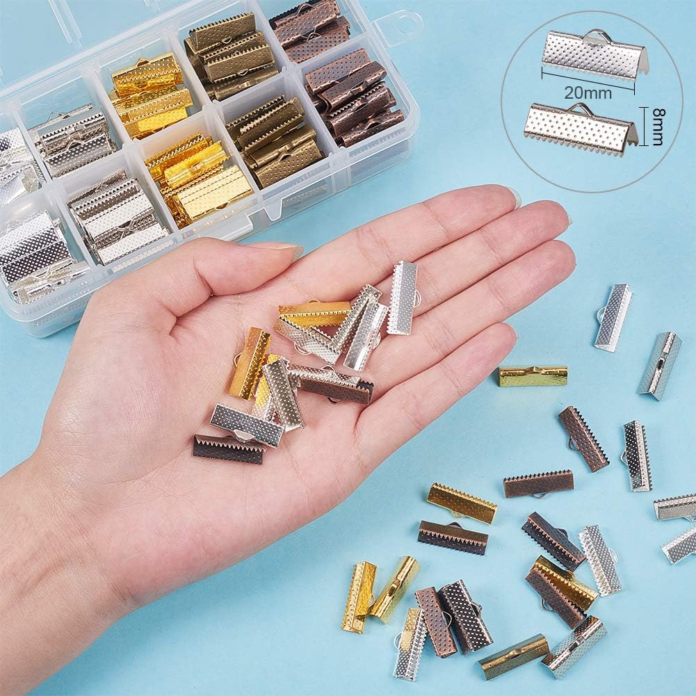 PH PandaHall 250pcs Ribbon Crimp Clamp Ends 20mm Iron Ribbon Ends Bracelet Bookmark Pinch Clamp Cord Ends Fasteners Clasp Leather Crimp Ends for Choker Jewelry Making 5 Color