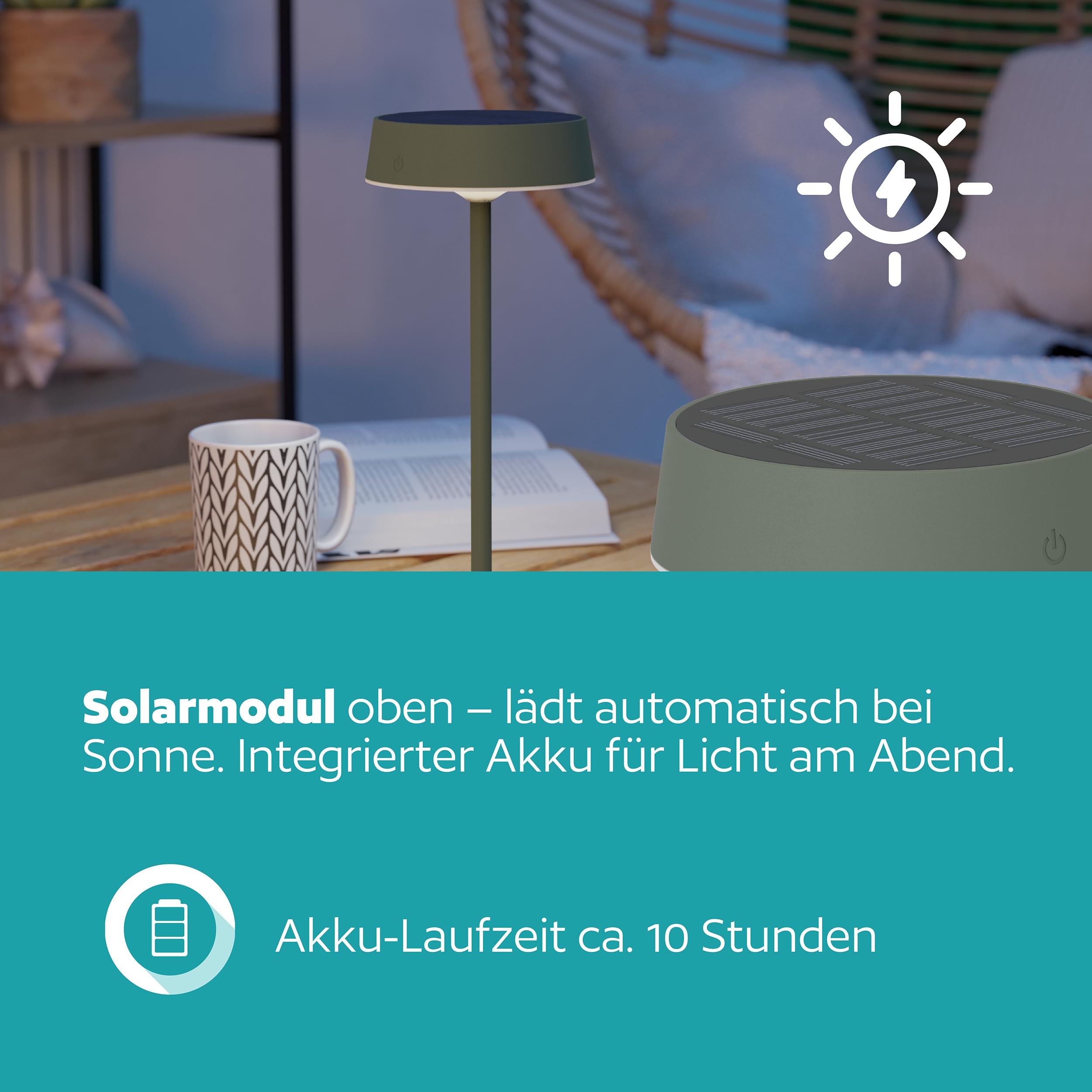 EGLO LED Solar Tischleuchte außen Simeri, kabellose Akku Tischlampe Touch dimmbar, Solarlampe Outdoor aus Metall in Grün, warmweiß, neutralweiß, kaltweiß, IP54