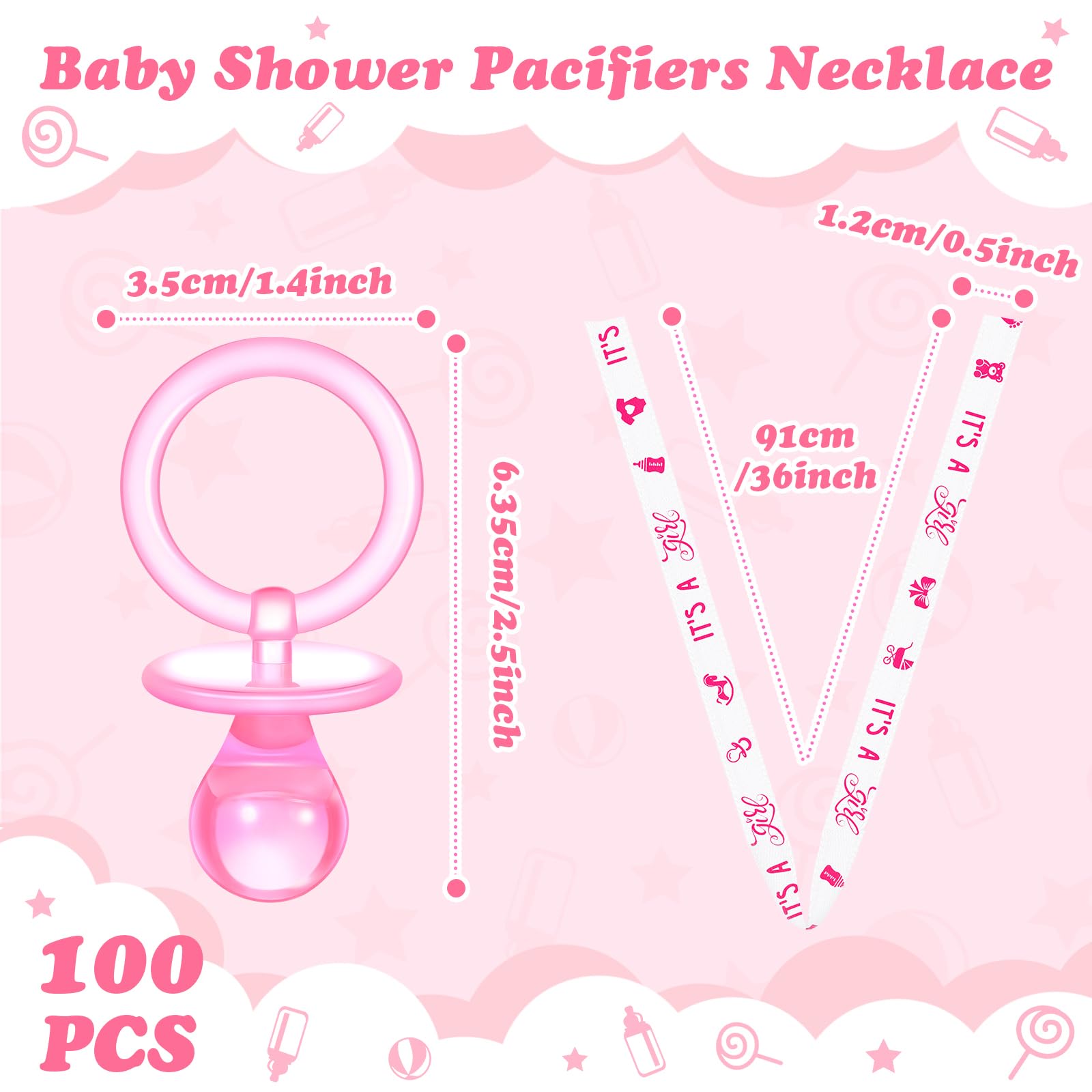 Chengu 100 chupetes de baby shower, lindos chupetes acrílicos para bebé, chupetes de plástico a granel para recién nacidos, para niñas y niños, decoraciones de fiesta, decoración de mesa (rosa,