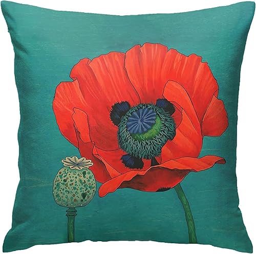 My Honey Orange Red Poppy Flower and Pod in Teal - Fundas de almohada decorativas de 18 x 18 pulgadas, funda de almohada para decoración de sofá y