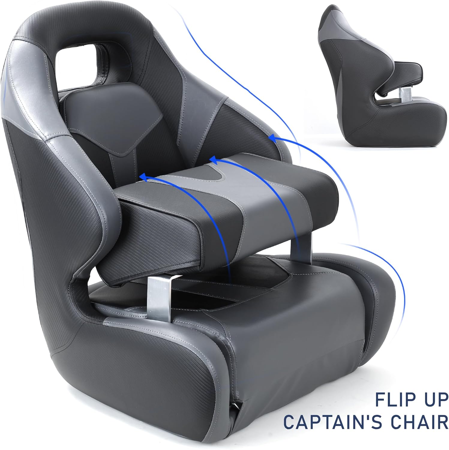 Premium Pontoon Boat Seat Bucket Seat with Sport Flip Up Bolster,Captain Chair with Seat Cover,Charcoal/Black