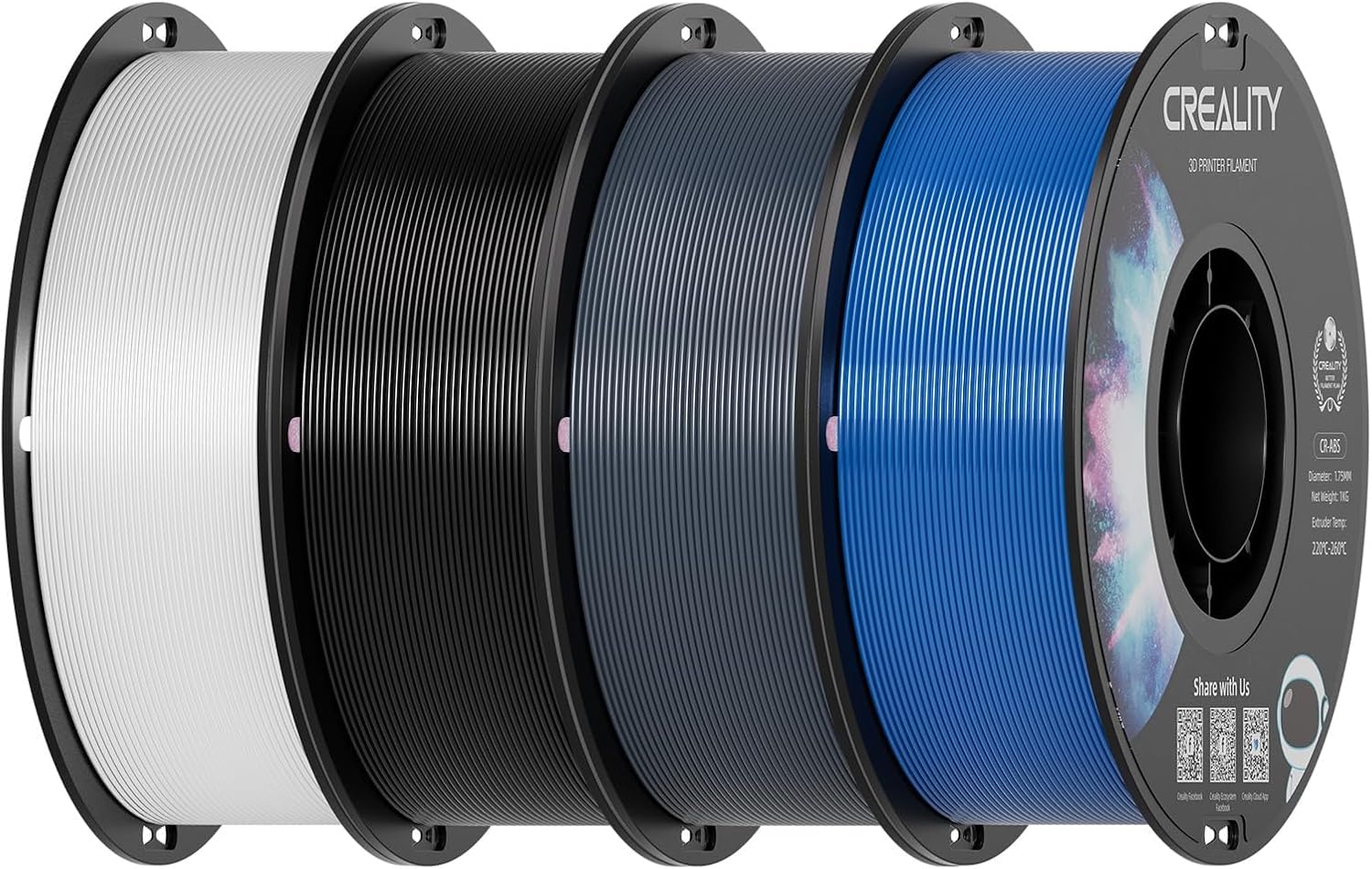 Creality Filamento ABS da 1,75 mm, robusto filamento per stampante 3D ad alta resistenza, inodore e atossico, indeformabile e resistente agli urti, bobina da 4 kg, nero, bianco, grigio e blu