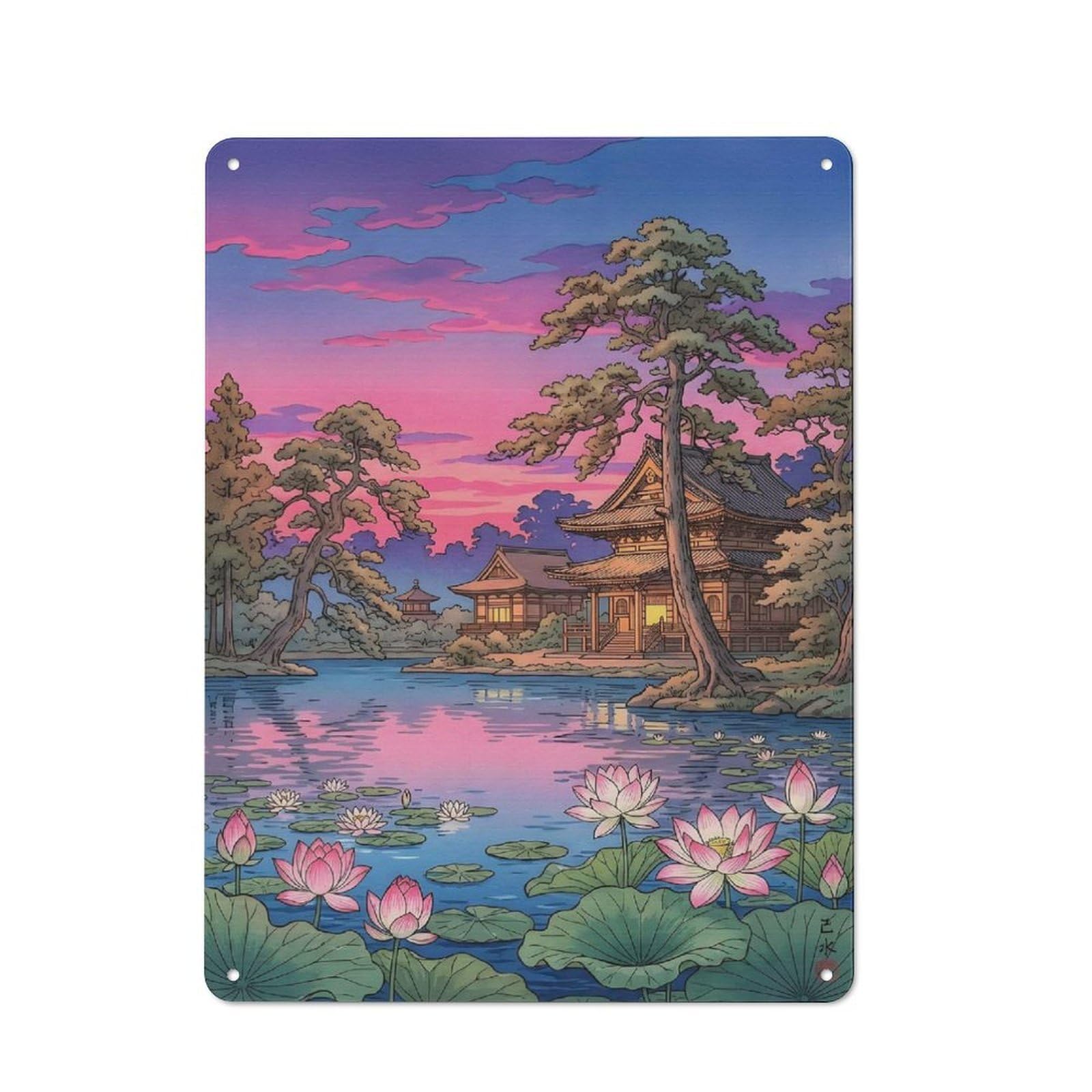 Junmoney Style-21 For Garage Or Workshop, Japanese Temple And Lotus Pond At Sunset Rustic Metal Plaque 40X30cm, Suited To Wall Displays In Garages And Tool Rooms
