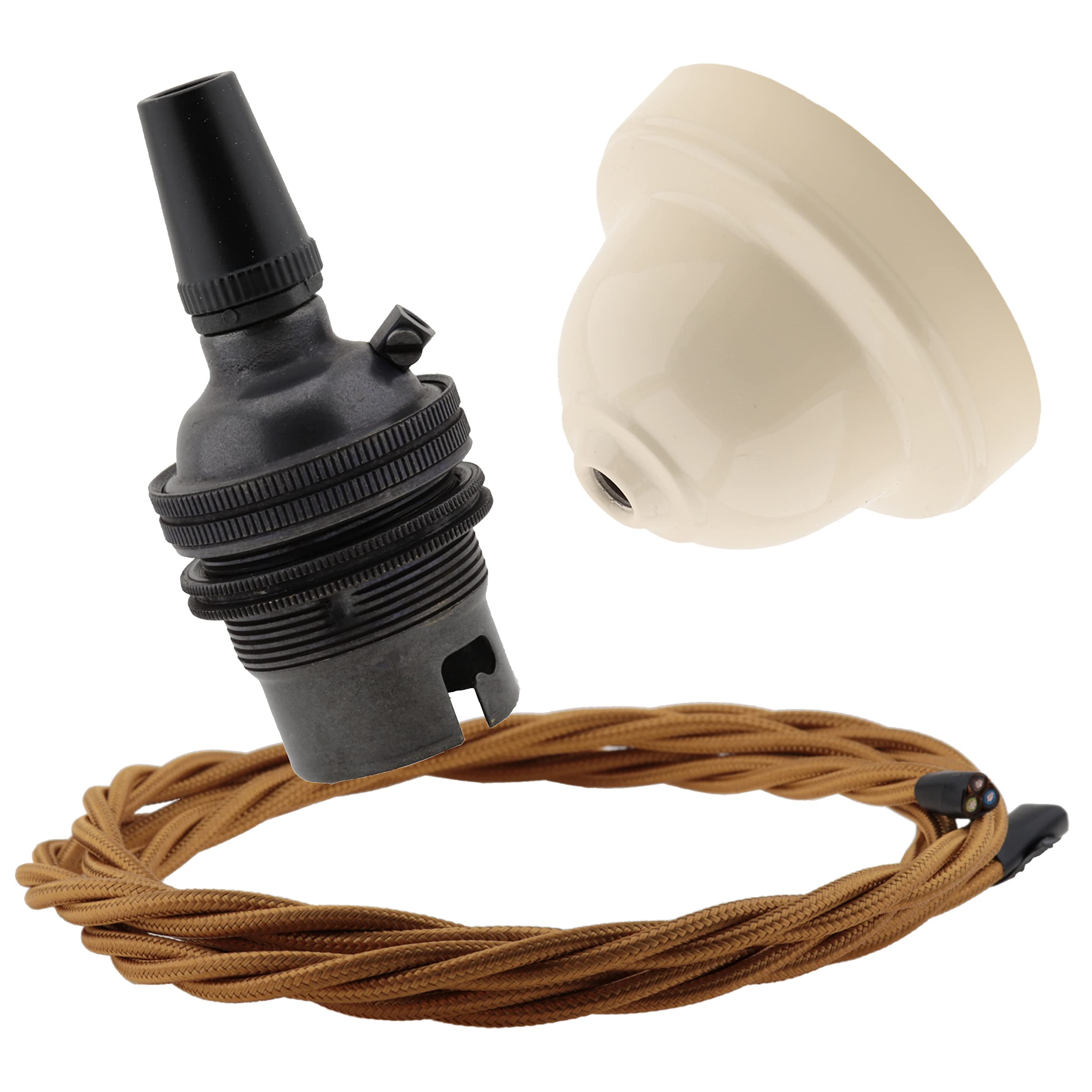 Repaireum Ltd. Ivory Bakelite Ceiling Pendant Kit with B22 Dark Bronze Finish Lampholder and Antique Gold Flex