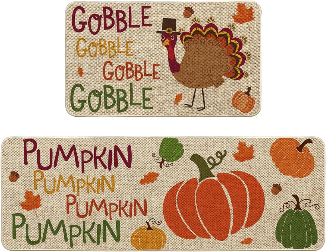 Artoid Mode Gobble Turkey Pumpkin Thanksgiving Decorative Kitchen Mats Set of 2, Fall Home Low-Profile Floor Kitchen Rugs-17x29 and 17x47 Inch