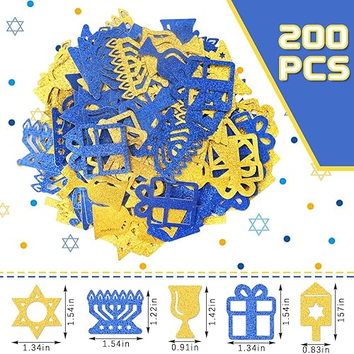 Miniatura 2 de ALIBBON 200 piezas de confeti de Hanukkah feliz Hanukkah estrella de David confeti Dreidel regalo de menorá para lanzar confeti azul dorado con