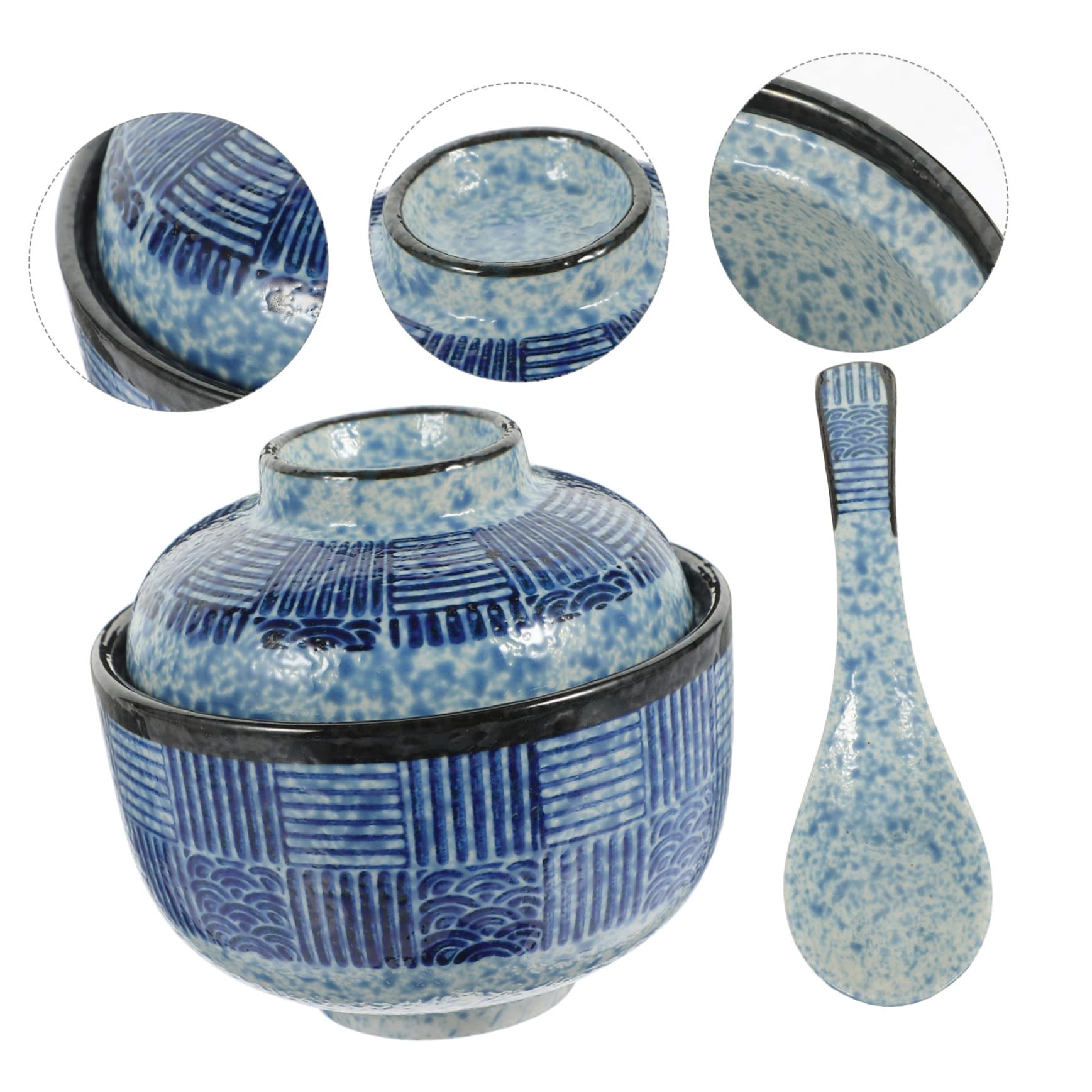 Homoyoyo Bol Cubique Japonerie en Céramique avec Couvercle, Bol à Soupe Pratique pour Garder la Nourriture Chaude, Surface Lisse, pour Soupe et Apéritifs, Set de 2 Pièces