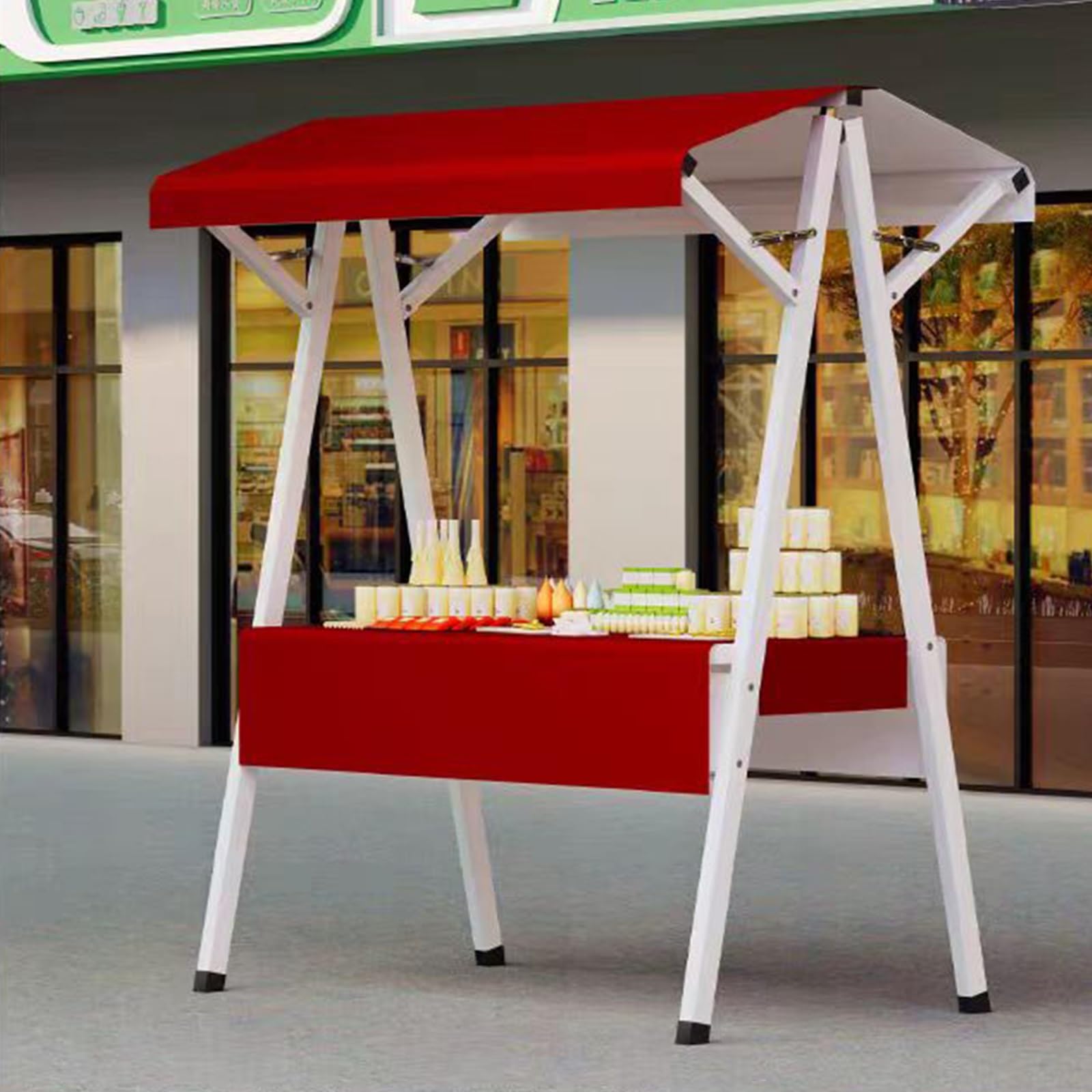 Carrello con tettoia a righe, chiosco mobile per mercatino, 4 ruote e parasole, protezione da vento e pioggia