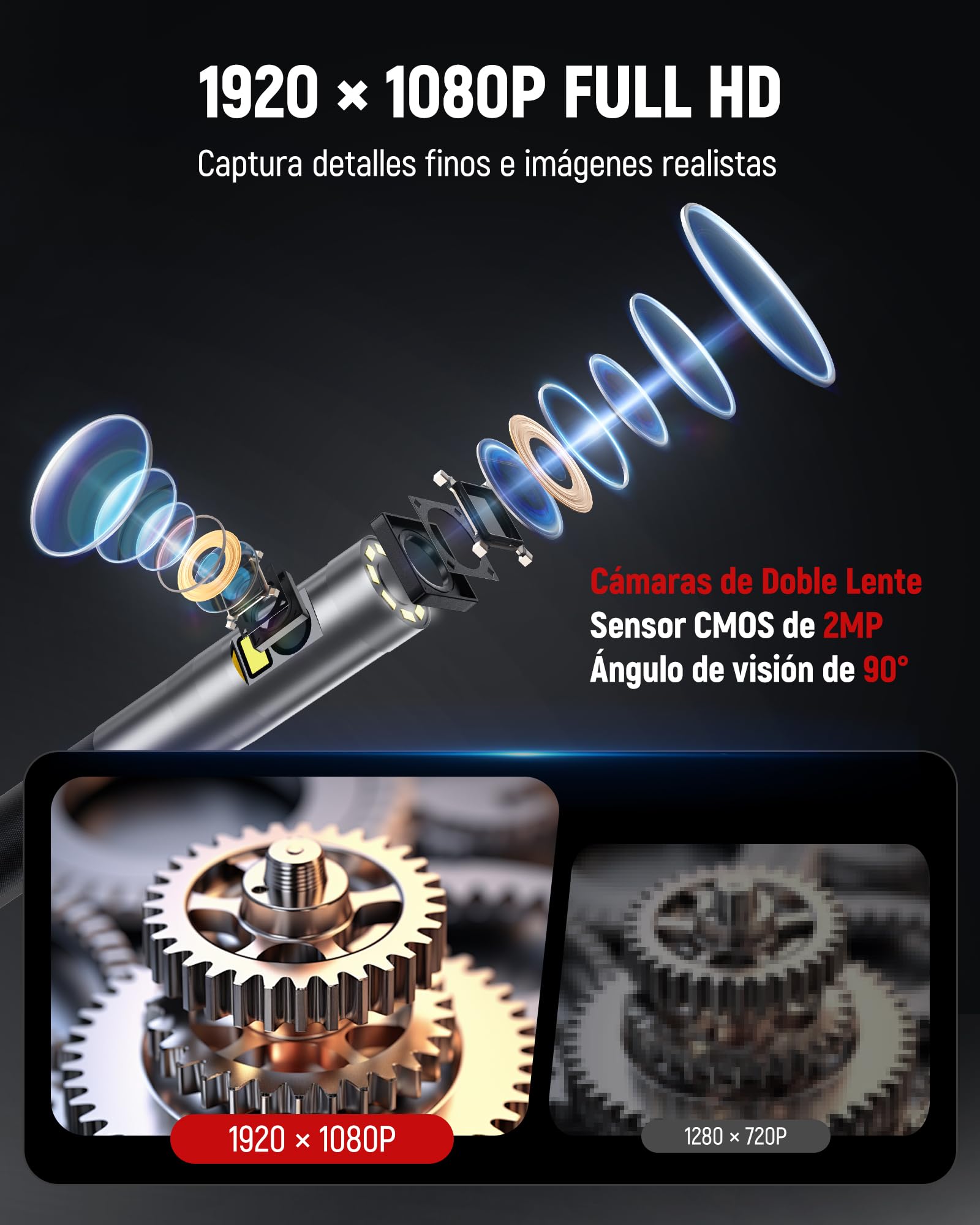 KAIWEETS Cámara Endoscópica con Luz, Doble Lente 210° Articulada con Control de Rueda, Sonda Delgada de 6,5 mm, Pantalla IPS 1080P, Cable Semirrígido de 1,6 m, IP67 Impermeable para Automoción y HVAC