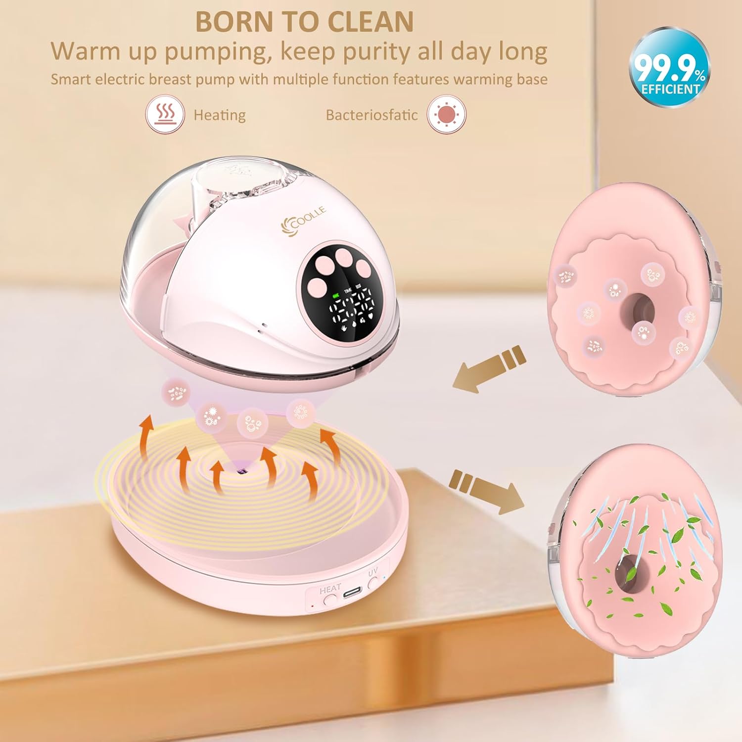 Electric Breast Pump Hands Free Wearable Portable Breastfeeding Pumps Wireless Quiet Anti-Leaking with Voice Broadcast Heating 4 Mode 12 Levels Suction Double 24mm (Pink)