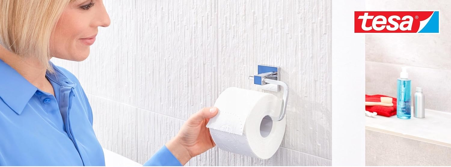 tesa DELUXXE Toilet Paper Holder Without lid - self-Adhesive Paper Hanger - Design, Chrome Metal - 99 mm x 160 mm x 45 mm