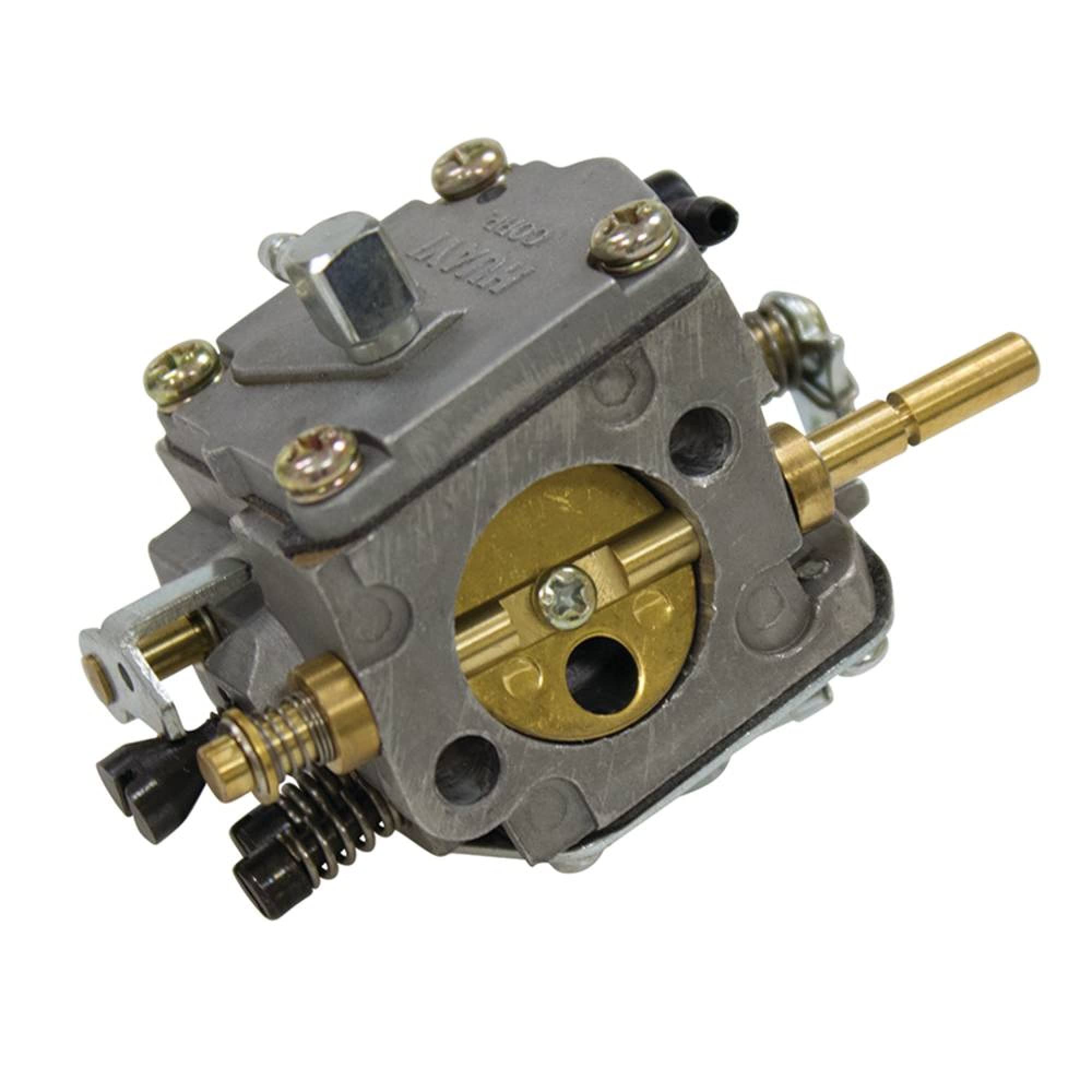 Stens 615-014 Carburetor, angled view showing fuel inlet and adjustment screws