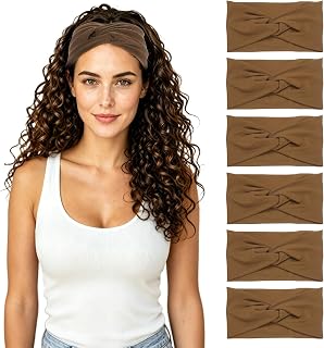 METALLIXITY Cross Knotted Wide Headbands for Women Brown 6 Pcs | Elastic Thick Hair Wraps, Boho Bandana Headband Hair Accessories for Gym Running Yoga Sports Workout Summer Travel