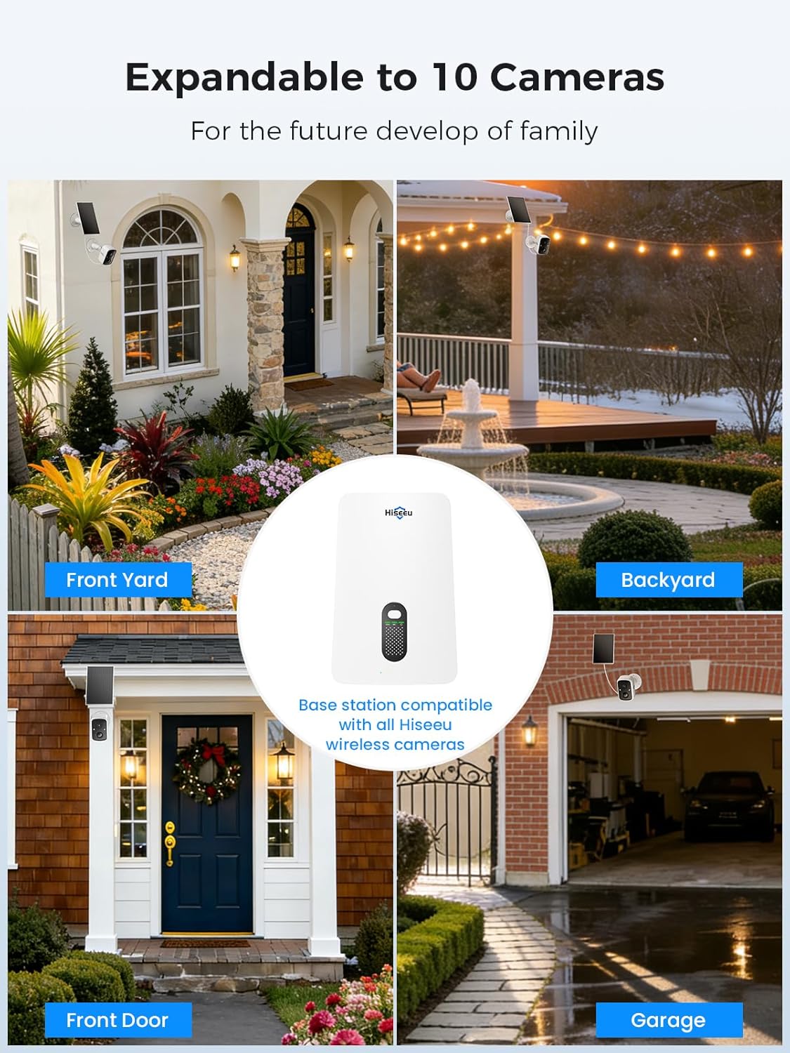 Hiseeu Solar Camera Outdoor Wireless, 4 Cam-Kit, No Subscription, Expandable to 10CH, Home Security Camera System, 2K Color Night Vision, PIR/AI Detection, IP66, 2.4G & 5G WiFi, 1TB Local Recording