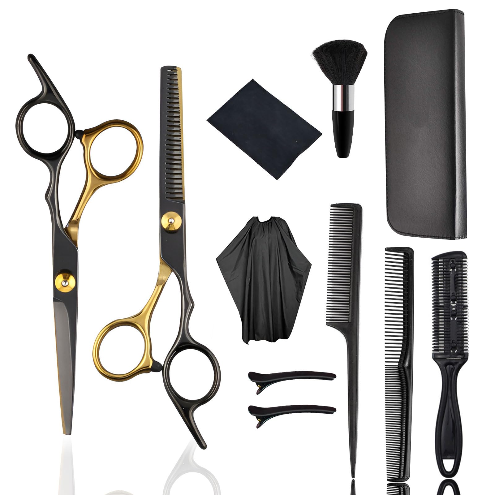 AUSYIWI Tijeras de Peluquería, Tijeras Pelo con Capa de Barbero y Peine de Maquinilla de Afeitar, Clips, para Cortar,Para Hombre Y Mujer Niño Canina Casa